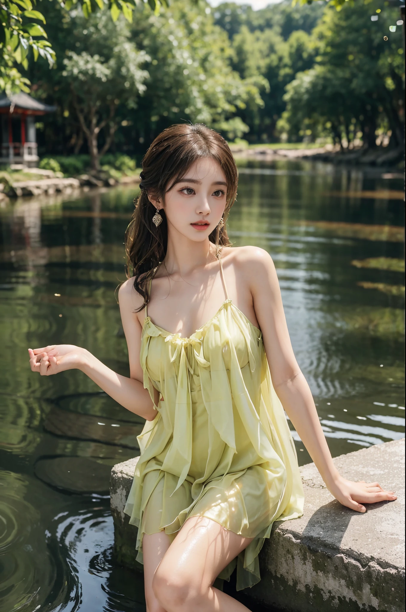 Sweet girl clothes9,yellow dress,, stlouis,(Enrich the picture,Masterpiece quality)Beautiful 8K CG artwork,Goddess-like pose,sittinng on the river,Postural exercises,Thin and soft,Translucent skin,curlies, Brown hair long, The skin is fair and juicy,Perspective Part 1.2x enhanced contour effect,Intricate and exquisite details,The background is a bit blurry,Charming and sexy legs,Japan goddess,Perfect body slim curves,scene in river, Get wet all over your body