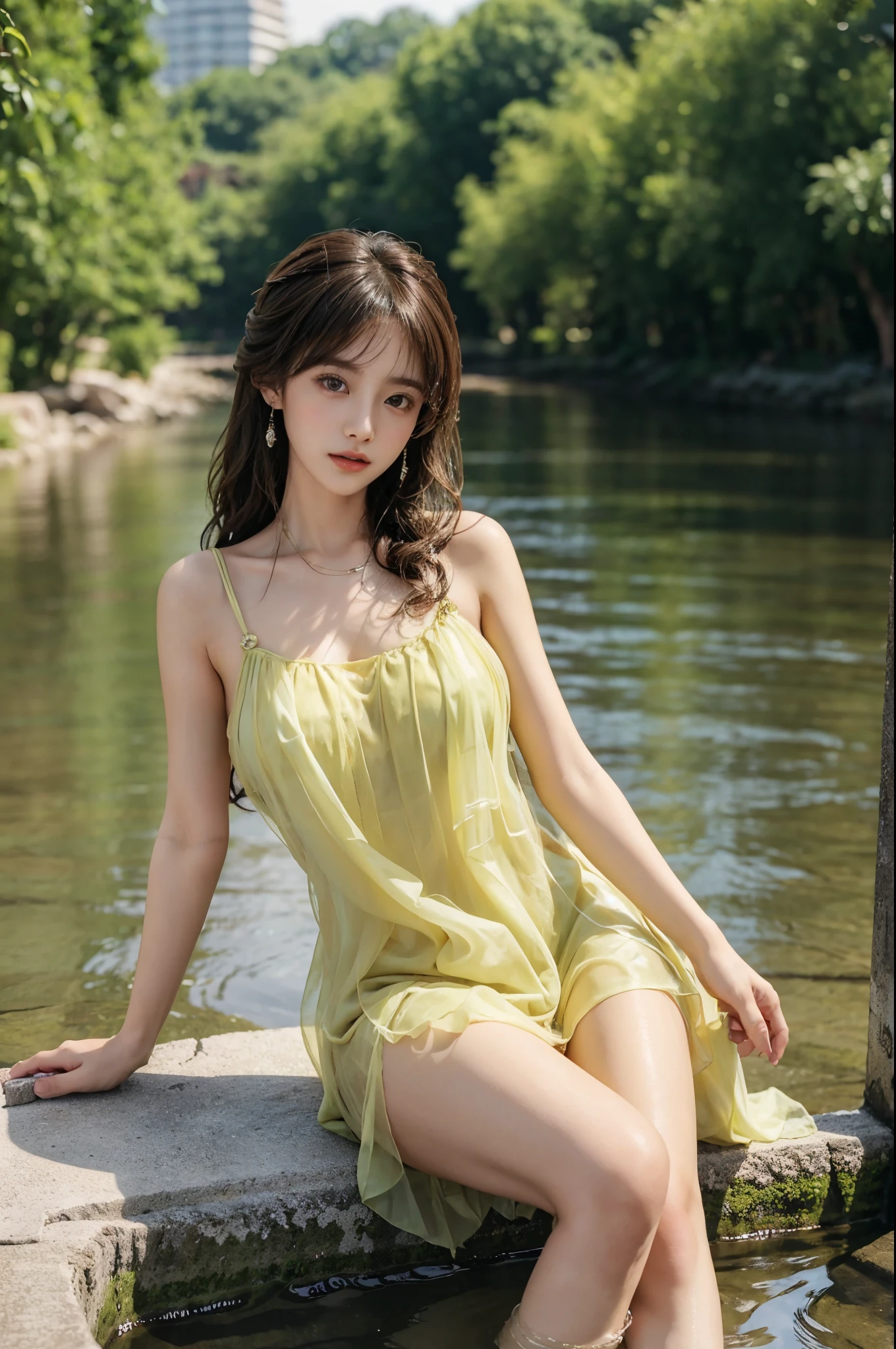 Sweet girl clothes9,yellow dress,, stlouis,（Enrich the picture，Masterpiece quality）Beautiful 8K CG artwork，Goddess-like pose，sittinng on the river，Postural exercises，Thin and soft，Translucent skin，curlies， Brown hair long, The skin is fair and juicy，Perspective Part 1.2x enhanced contour effect，Intricate and exquisite details，The background is a bit blurry，Charming and sexy legs，Japan goddess，Perfect body slim curves，scene in river, Get wet all over your body