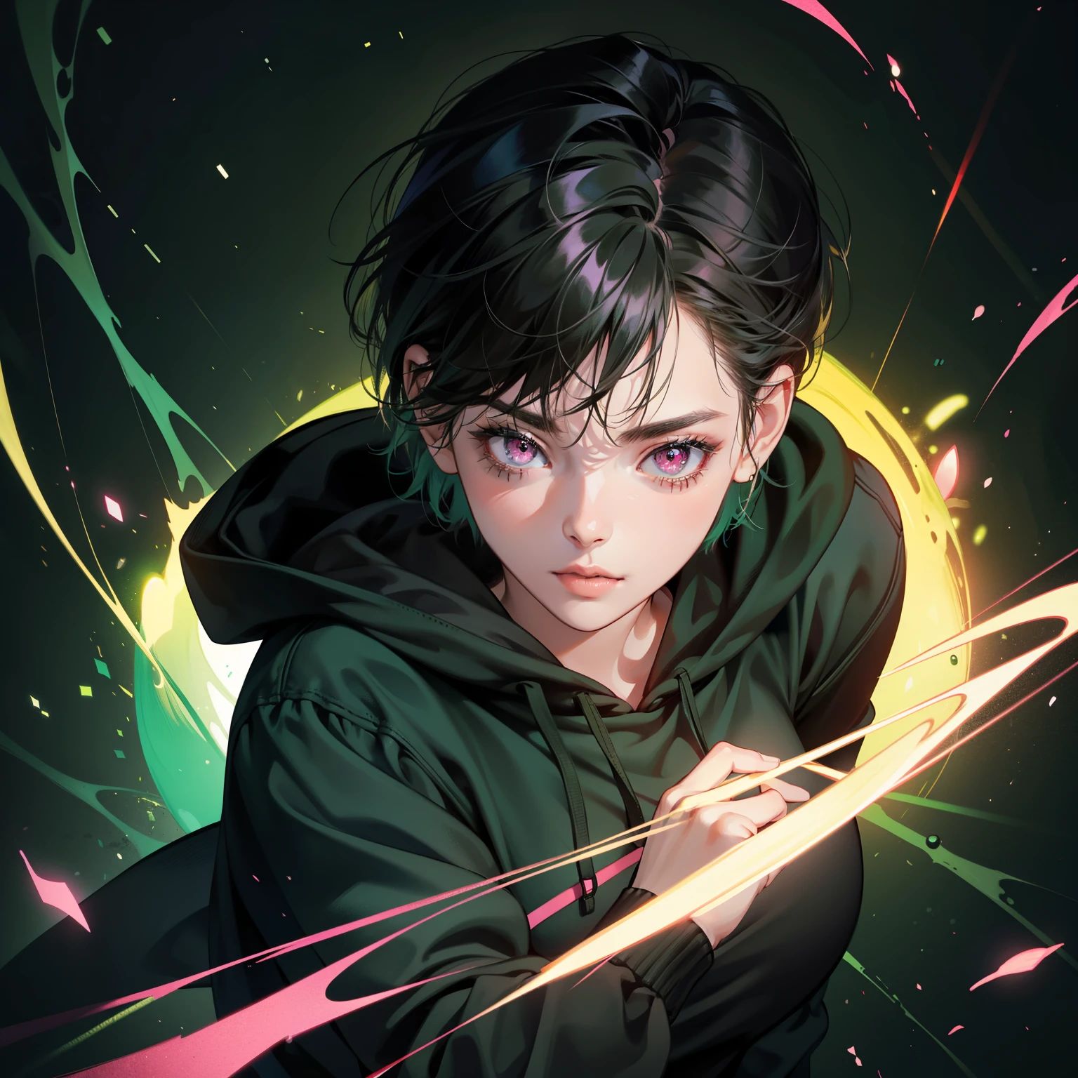 Masterpiece, high quality, best quality, HD, realistic, perfect lighting, detailed body, 1 woman, pink eyes, short hair, Black Hair, glowing, green & Black hoodie, green background.