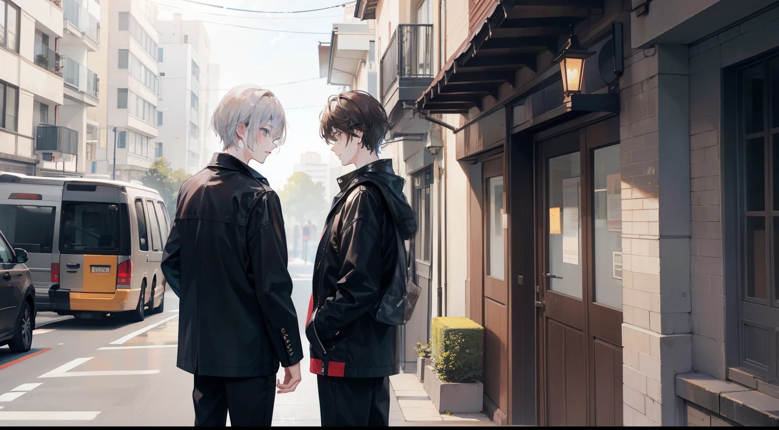 Two young men talking in front of the apartment entrance、One is a man with short brown hair.、The other man has short silver hair..