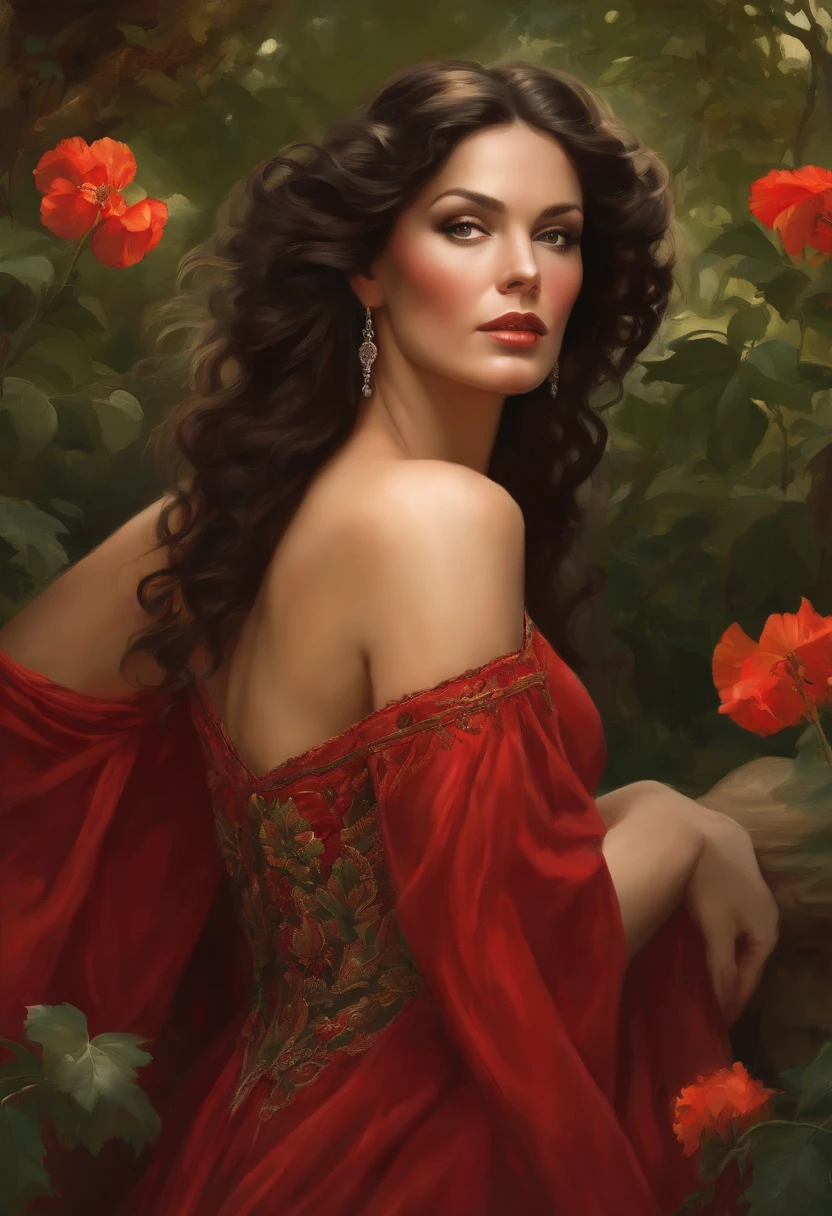 Painting of a beautiful and sexy woman, green eyes, ((with long medusa hair, falling over her shoulders)) and an embroidered dress, ((Spanish gypsy, from the Victorian Era)), ((Catherine Zeta-Jones style)) , wearing a low-cut red dress with a V-neck corset embroidered in black, in the background forest and flowers, Bowater art style, baroque digital painting, Renaissance digital painting, masterpiece! inspired by Franz Xaver Winterhalter, inspired by Friedrich von Amerling, beautiful character painting, beautiful digital painting, inspired by Thomas Lawrence, beautiful yywater painting, refraction, reflections, mirrors, prisms, sunlight, bright lights!! Complex, elegant, highly detailed digital painting, art station, concept art, sharp and soft focus, illustration, art by ( ( ( ( Artgerm ) ) ) ) and ( Greg Rutkowski )! and (((Alphonse Mucha))), eyes reflecting in eyes reflecting to infinity