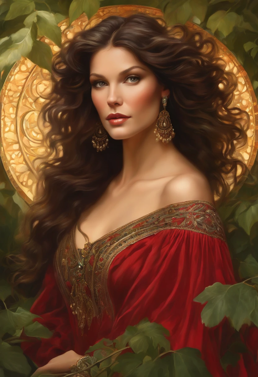 Painting of a beautiful and sexy woman, green eyes, ((with long medusa hair, falling over her shoulders)) and an embroidered dress, ((Spanish gypsy, from the Victorian Era)), ((Catherine Zeta-Jones style)) , wearing a low-cut red dress with a V-neck corset embroidered in black, in the background forest and flowers, Bowater art style, baroque digital painting, Renaissance digital painting, masterpiece! inspired by Franz Xaver Winterhalter, inspired by Friedrich von Amerling, beautiful character painting, beautiful digital painting, inspired by Thomas Lawrence, beautiful yywater painting, refraction, reflections, mirrors, prisms, sunlight, bright lights!! Complex, elegant, highly detailed digital painting, art station, concept art, sharp and soft focus, illustration, art by ( ( ( ( Artgerm ) ) ) ) and ( Greg Rutkowski )! and (((Alphonse Mucha))), eyes reflecting in eyes reflecting to infinity