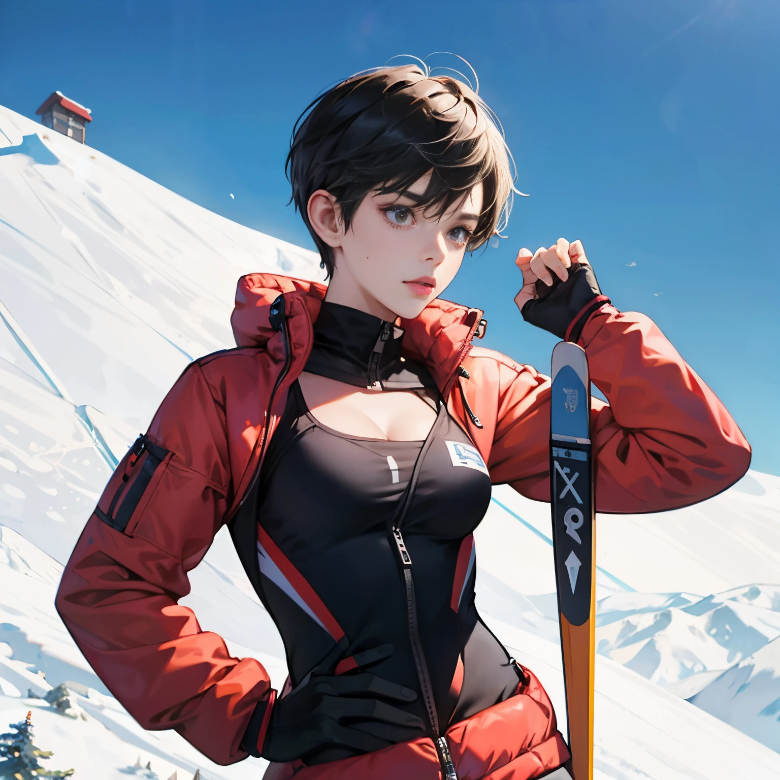 1 girl,A boyish handsome girl wearing sexy ski wear and staring at me,Lander cut his hair short,A dark-haired,A look of shame,tre anatomically correct,Precise fingers,A slender,well-shaped breasts,cleavage of the breast,accurate skis,On the slope,photorealisim,​masterpiece,