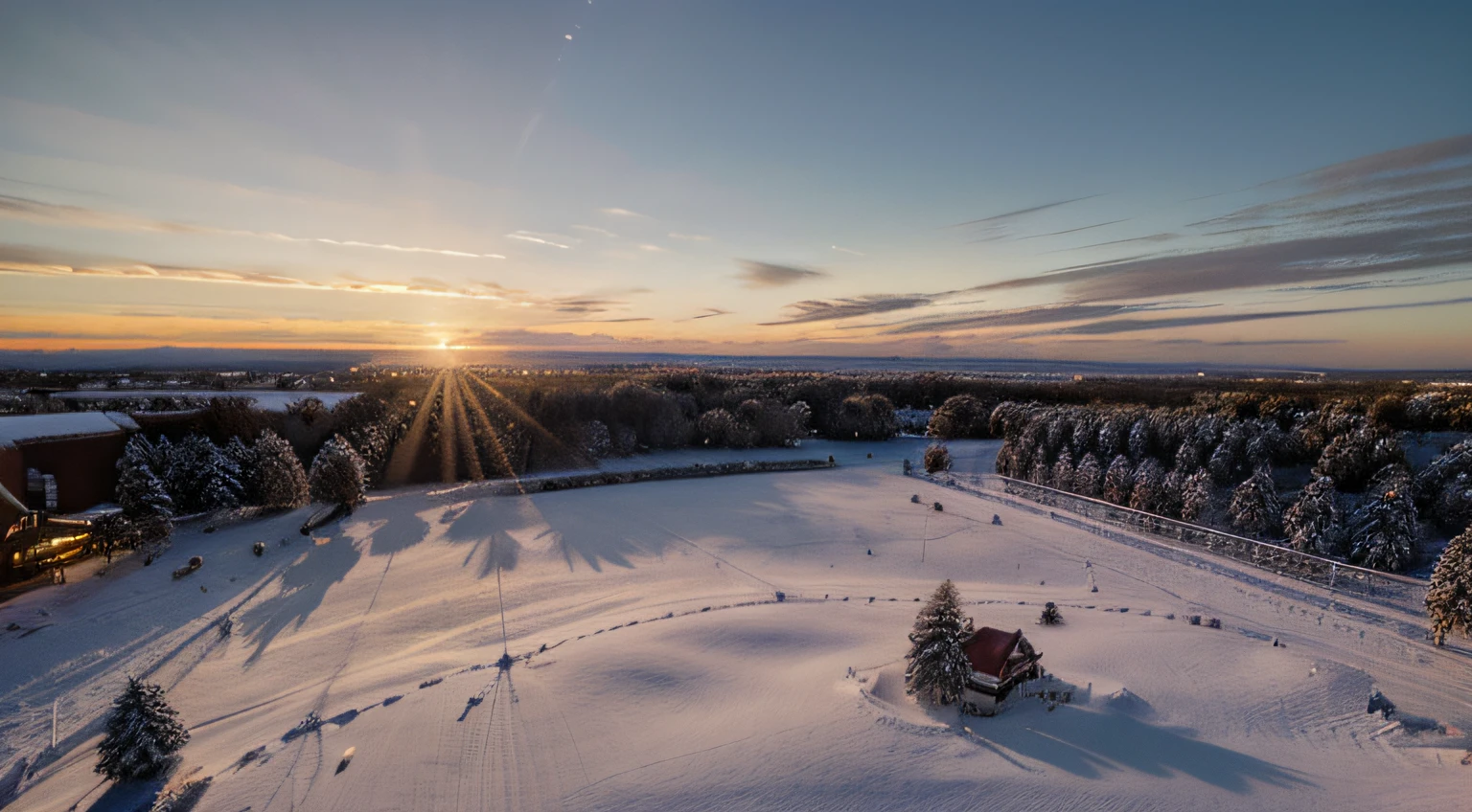 focused, 5.6f, Capture the warmth and joy of the holiday, beautiful festive Christmas tableau, golden hour, pink skies, blanket of fake snow, reminiscent of a winter, snowy landscape, drone shot,