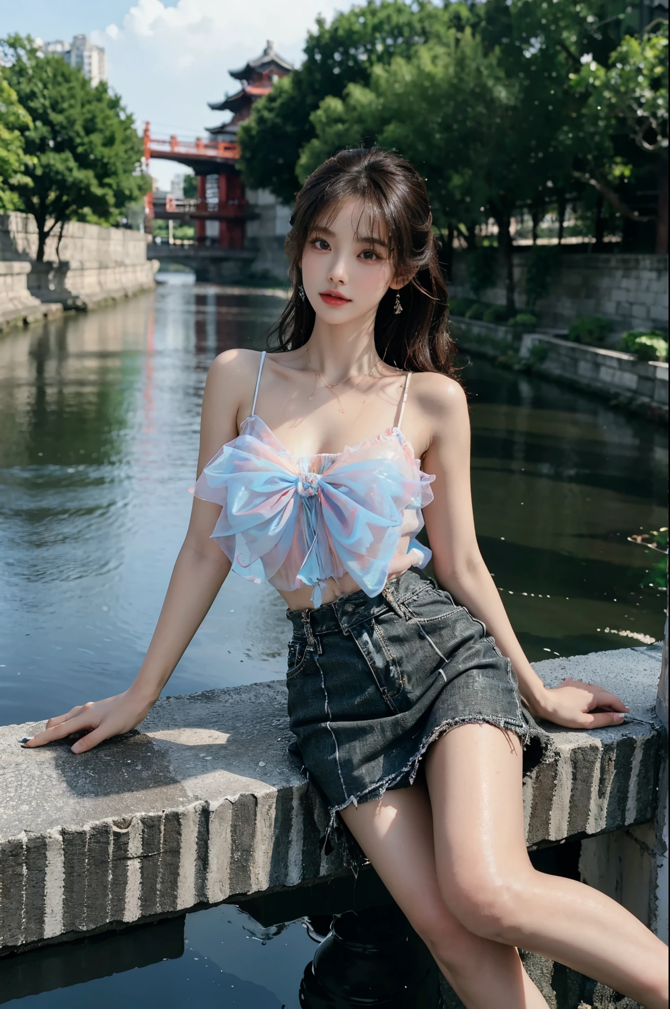 Sweet girl clothes7,skirt, stlouis,(Enrich the picture,Masterpiece quality)Beautiful 8K CG artwork,Goddess-like pose,sittinng on the river,Postural exercises,Thin and soft,Translucent skin,curlies, Brown hair long, The skin is fair and juicy,Perspective Part 1.2x enhanced contour effect,Intricate and exquisite details,The background is a bit blurry,Charming and sexy legs,Japan goddess,Perfect body slim curves,scene in river, Get wet all over your body