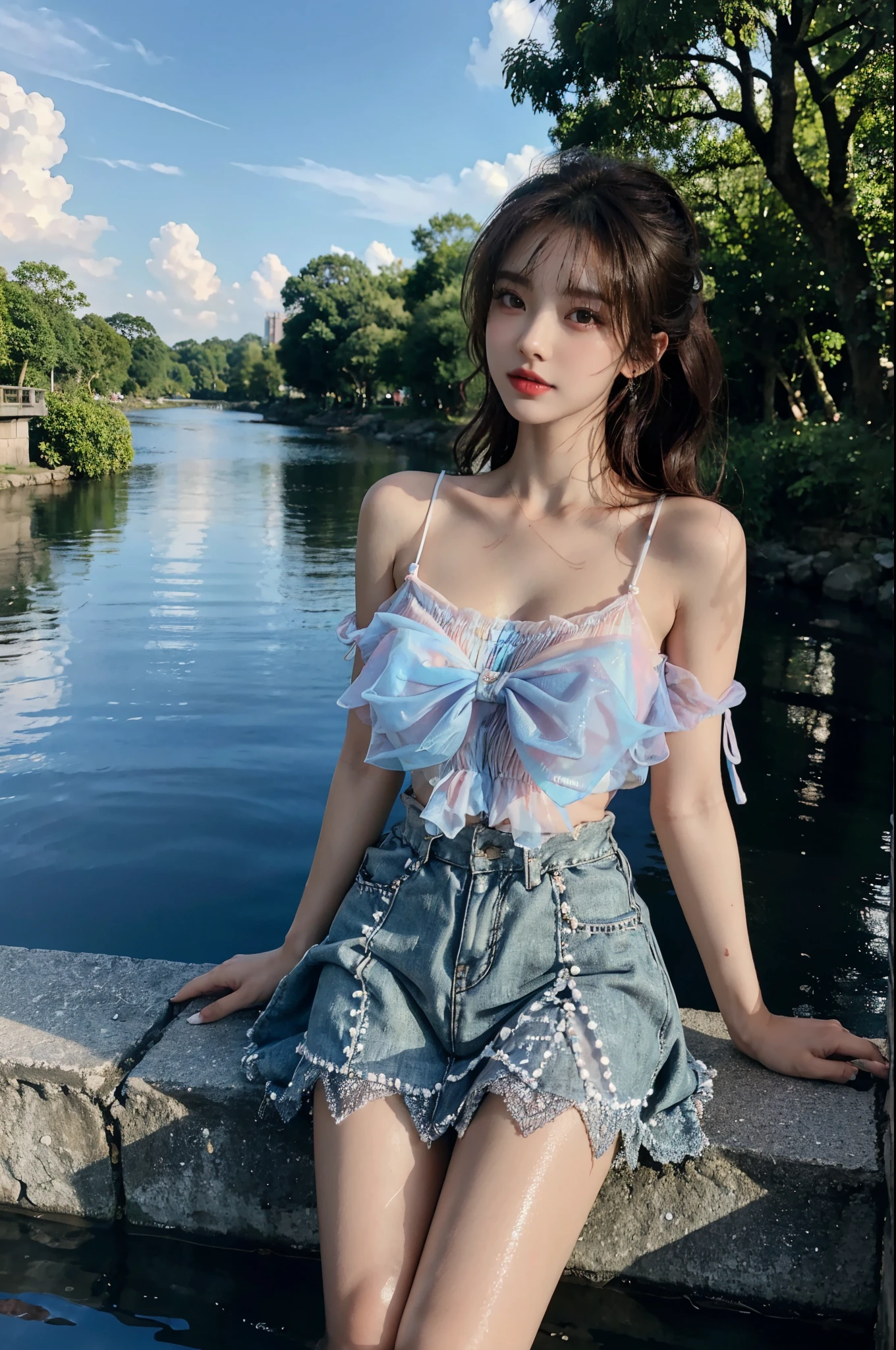 Sweet girl clothes7,skirt, stlouis,(Enrich the picture,Masterpiece quality)Beautiful 8K CG artwork,Goddess-like pose,sittinng on the river,Postural exercises,Thin and soft,Translucent skin,curlies, Brown hair long, The skin is fair and juicy,Perspective Part 1.2x enhanced contour effect,Intricate and exquisite details,The background is a bit blurry,Charming and sexy legs,Japan goddess,Perfect body slim curves,scene in river, Get wet all over your body