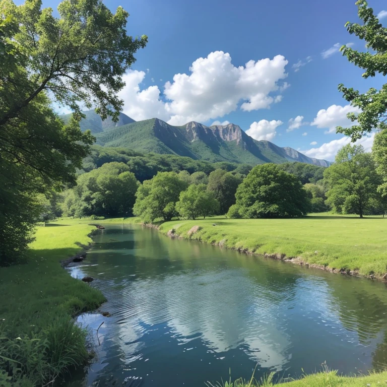 View of meadow with river water, blue sky