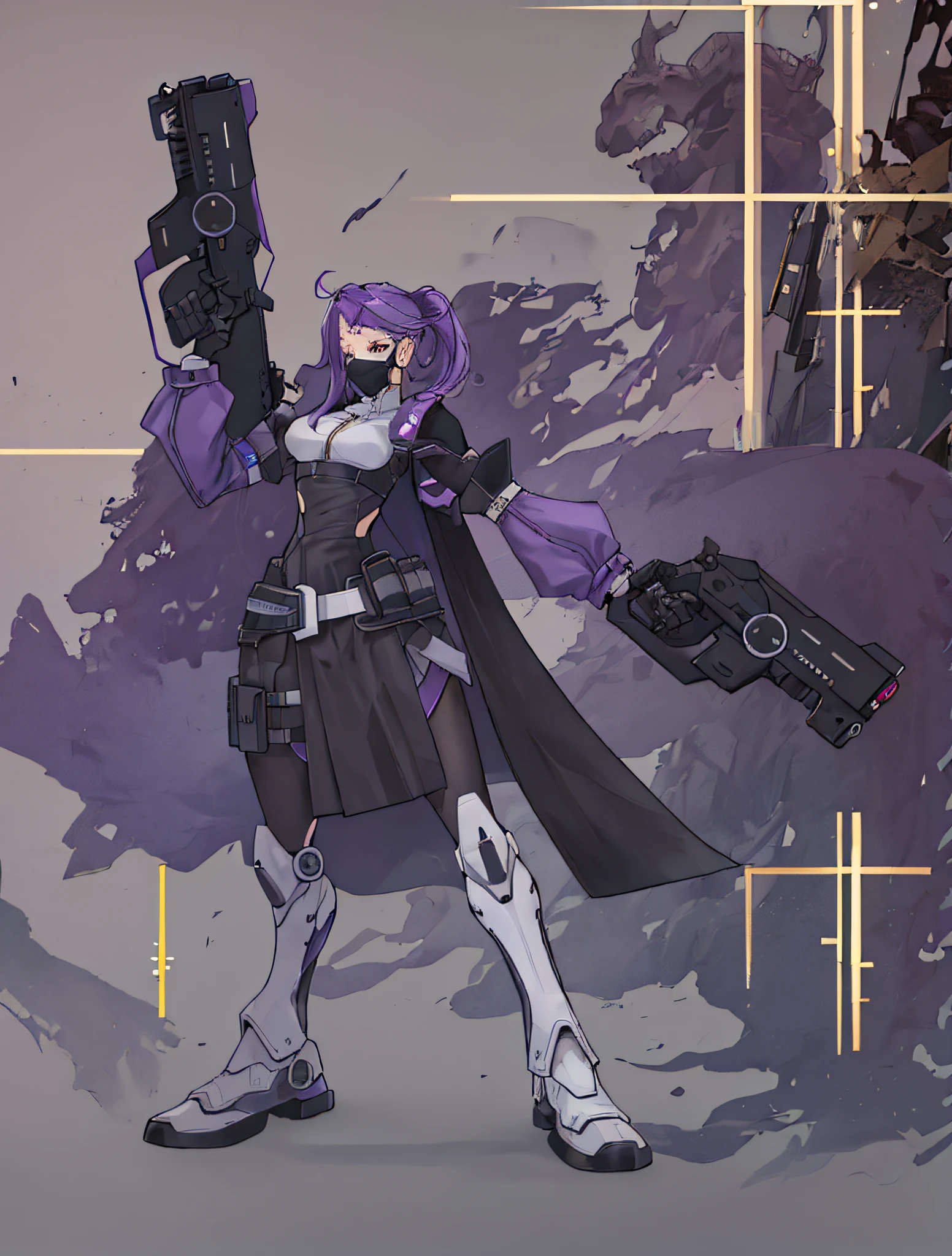 scientific fiction,cyber punk personage,Octagon rendering,character  design,holding a gun,Wear a mask, The strongest quality of special forces}, {{tmasterpiece}}, {A high resolution}, Original, Extremely detailed 8K wallpaper, 1 Sister,Alone， {Extremely Delicately Beautiful},,unbelievable_Ridiculous resources,obi strip, full_body, stand posture,wind coat,a skirt,围巾, mitts, Leg straps, arm belt, hair pin, ,mechanical leg，The purple, Black, plata