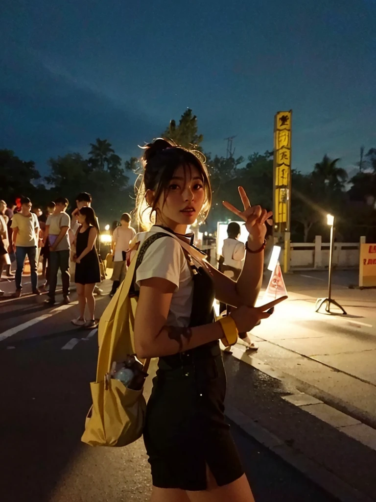 there is a woman standing on the side of the road,Hold it in your hand, (((Low light))), during night, With the setting sun, Posing for photos, summer festival night, Night photos, pupils, during night, glowing lights at night, Photos taken at night, Torches light up in the background