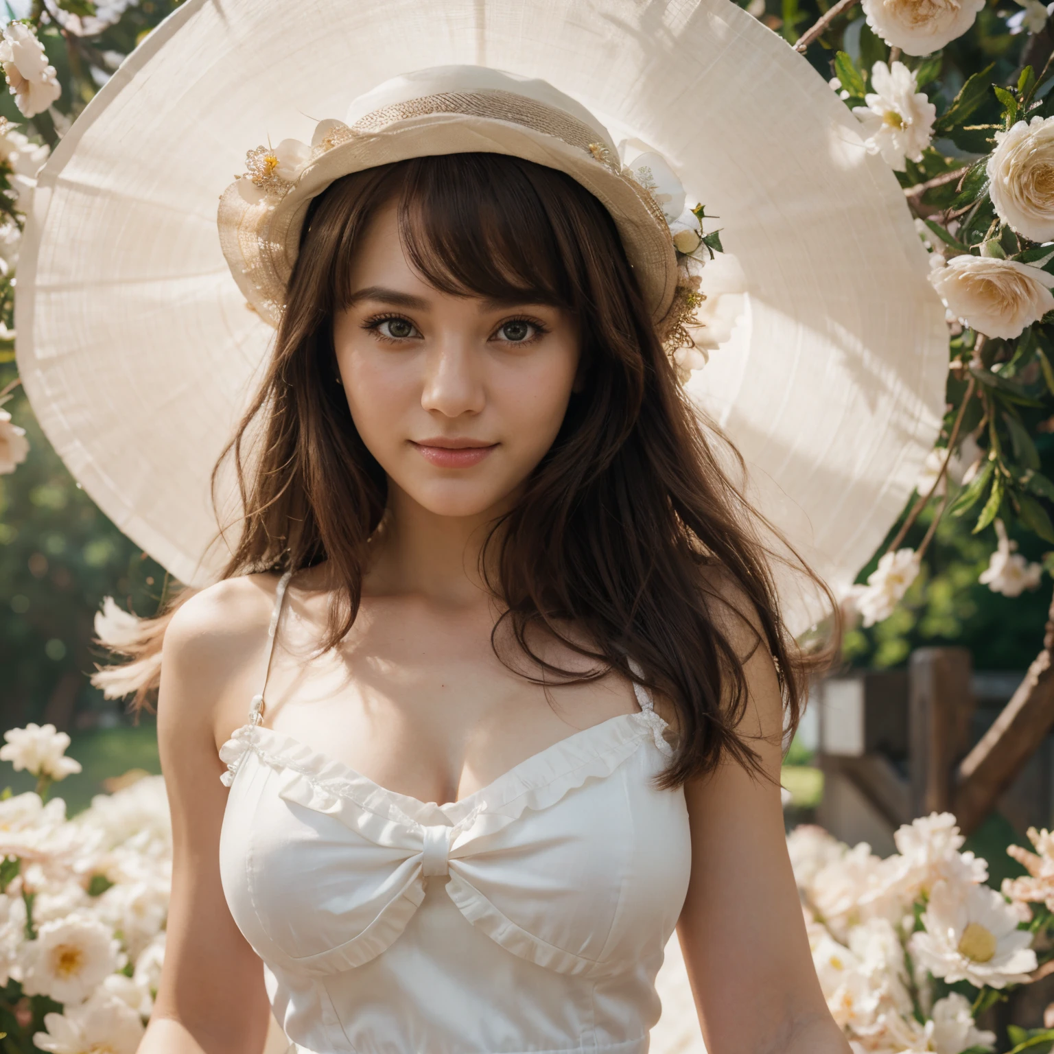 Medium view, medium shot, depth of field, bust, upper body, cinematic angle, masterpiece, best quality, super detailed, CG, 8K wallpaper, beautiful face, delicate eyes, a maiden, solo, smile, bangs, skirt, shirt, hat, dress, bow, petals, bouquet