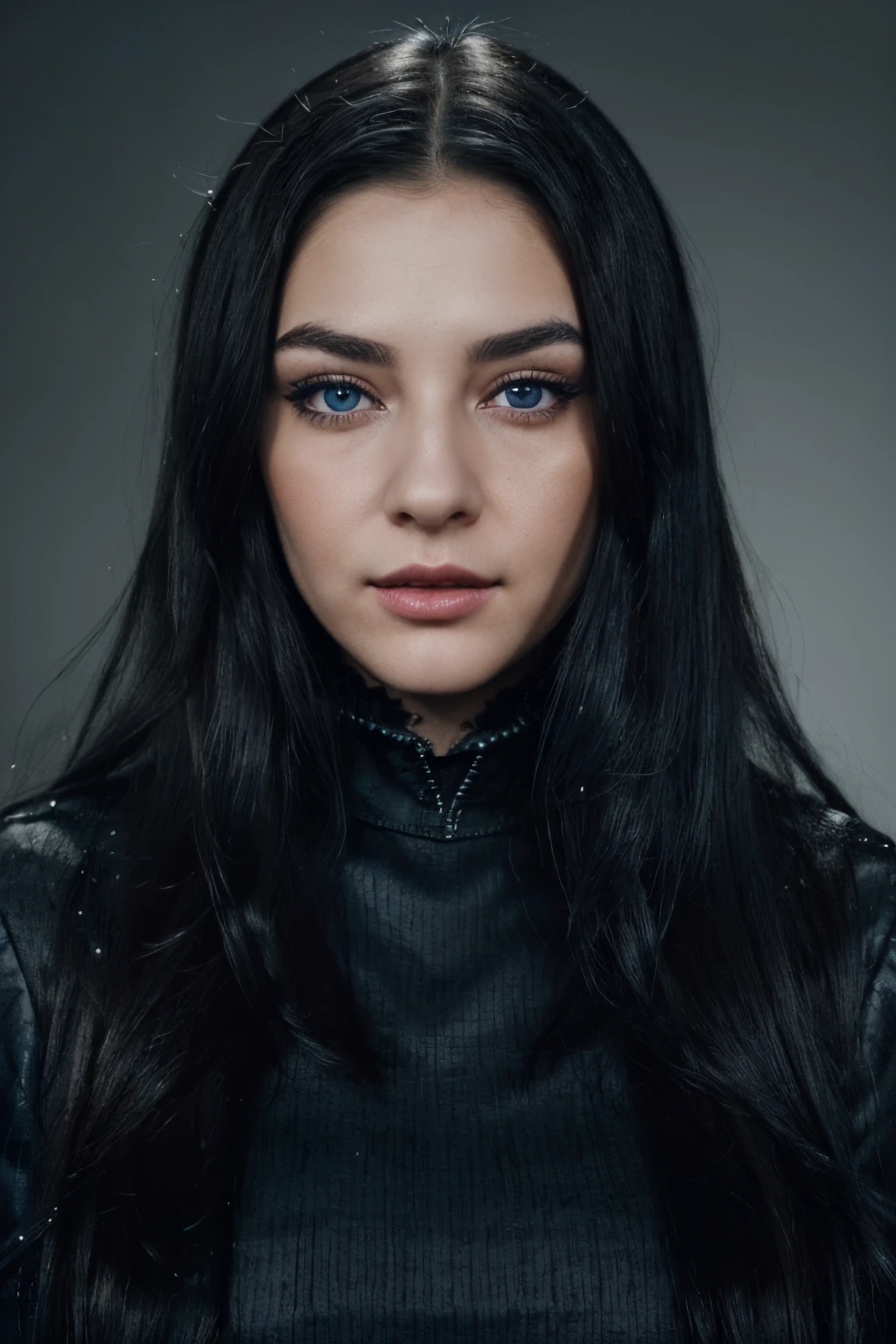 ((best quality)), ((Meisterwerk)), ((realistisch)), ((best quality)), ((Meisterwerk)), ((realistisch)), ((Potrait) Girl with long black hair, hell blauen und synchrone augen, vollen lippen, einer kleinen nase, vielen wimpern, full eyebrows, frontalsicht