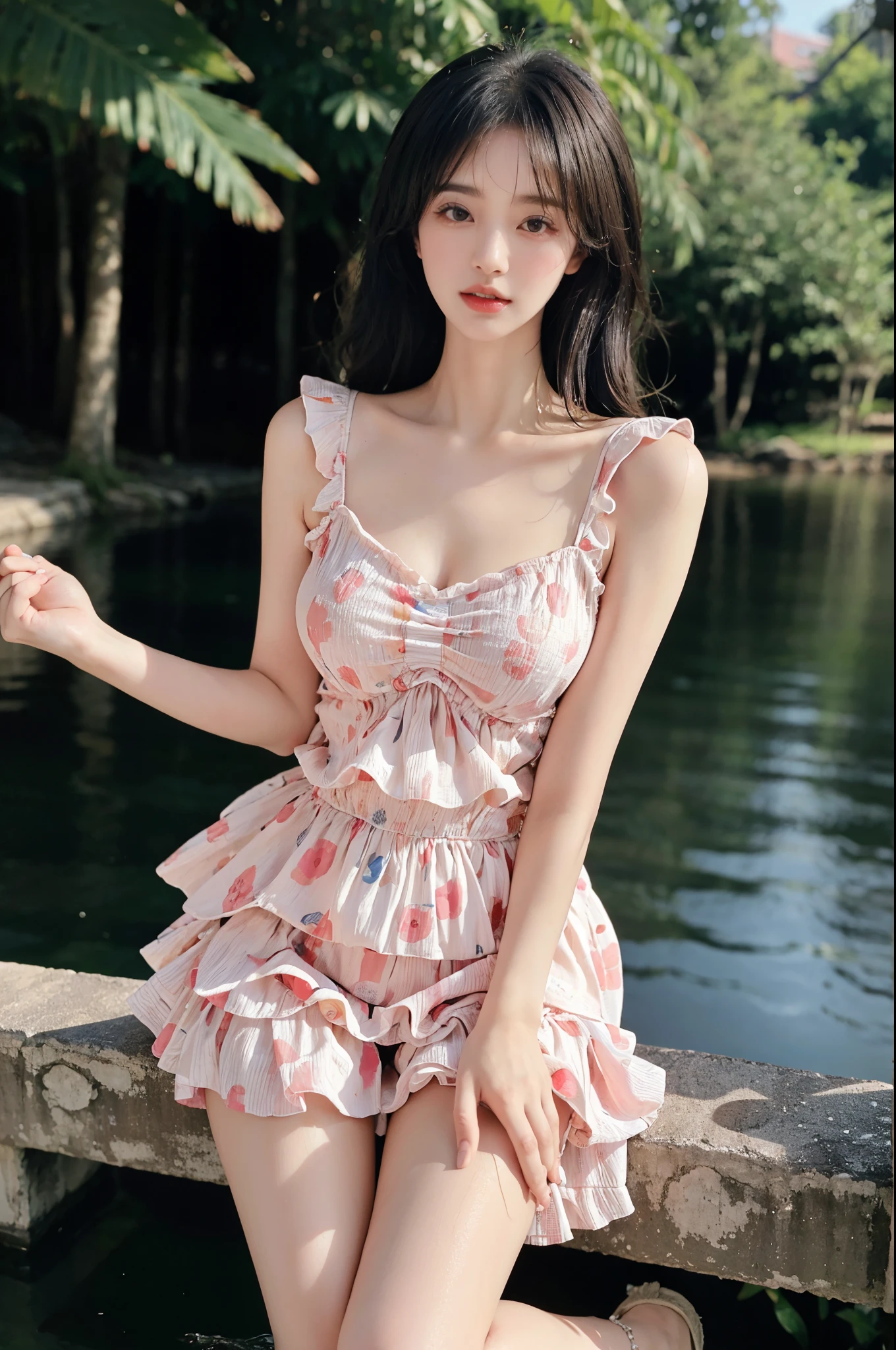 Sweet girl clothes6,print dress, stlouis,(Enrich the picture,Masterpiece quality)Beautiful 8K CG artwork,Goddess-like pose,sittinng on the river,Postural exercises,Thin and soft,Translucent skin,curlies, Brown hair long, The skin is fair and juicy,Perspective Part 1.2x enhanced contour effect,Intricate and exquisite details,The background is a bit blurry,Charming and sexy legs,Japan goddess,Perfect body slim curves,scene in river, Get wet all over your body