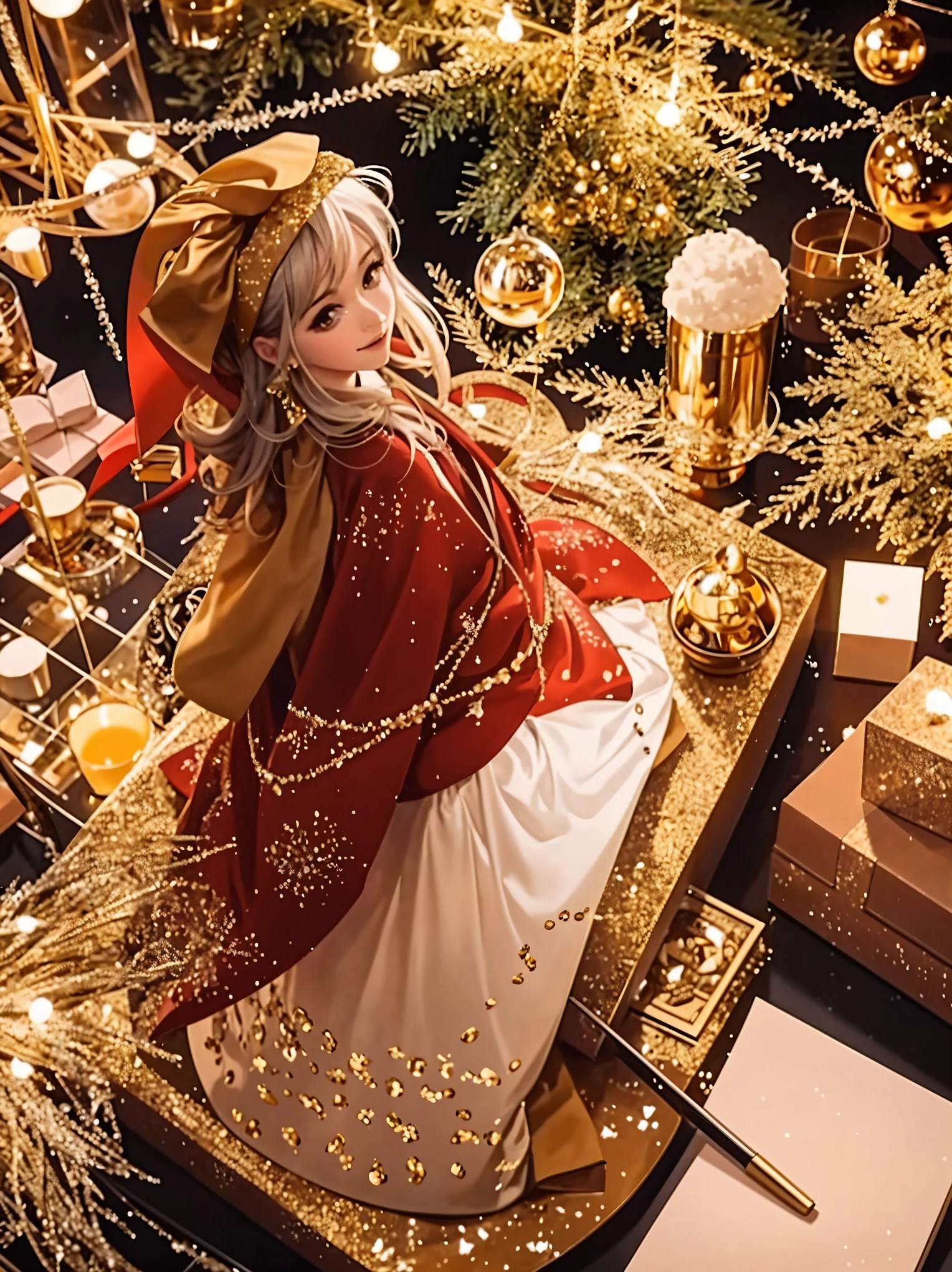 (best quality,4k,8k,highres,masterpiece:1.2),ultra-detailed,realistic,gifts,table,Christmas tree,decorations,wrapping ,bows,ribbon,presents,holiday spirit,vibrant colors,warm lighting,cozy atmosphere,toys,cards,candles,snowflakes,joyful,celebration,exquisite details,exciting surprises,shiny ornaments,sparkling tinsel,beautifully wrapped,excited children,anticipation,festive mood,magical ambiance,delightful moment,wonderful memories,family gathering,cheerful faces,Christmas magic,extravagant,abundance of presents,HDR,UHD,studio lighting,ultra-fine painting,sharp focus,physically-based rendering,professional,vivid colors,bokeh.