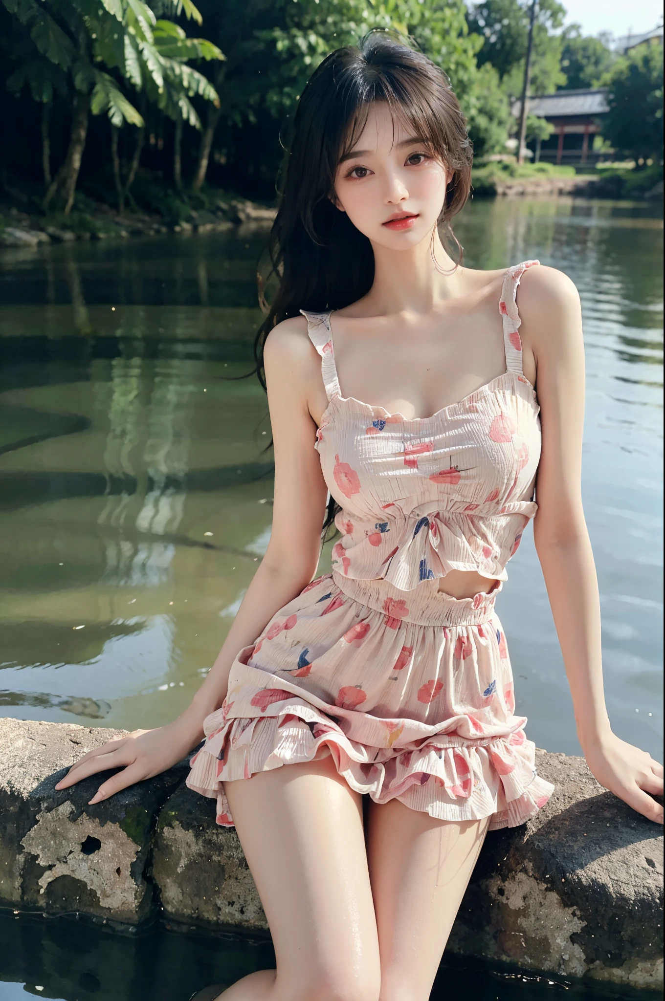 Sweet girl clothes6,print dress, stlouis,（Enrich the picture，Masterpiece quality）Beautiful 8K CG artwork，Goddess-like pose，sittinng on the river，Postural exercises，Thin and soft，Translucent skin，curlies， Brown hair long, The skin is fair and juicy，Perspective Part 1.2x enhanced contour effect，Intricate and exquisite details，The background is a bit blurry，Charming and sexy legs，Japan goddess，Perfect body slim curves，scene in river, Get wet all over your body