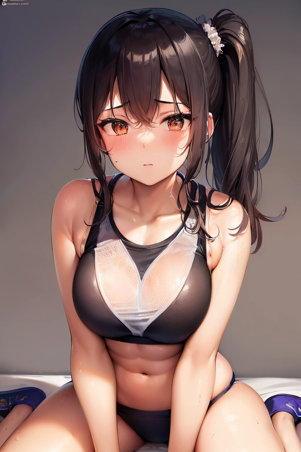 (((Kneeling))), (((leaning forward))), (((gravure pose))), ((((side ponytail hair)))), bed, bed room, (Sit on the bed), (((((night))))), (((((darkened room))))), agers girl, one girl, thighs, Scared face, Disgusted face, (((scornful eyes))), verge of tears, (swet), (wet skin), (wet clothes), ((erotic)), ((sensual)), (Wall in background), (simple background), (Close-up of a girl), beautiful detailed body, beautiful detailed glow, cinematic lighting, 4K illustration, masterpiece, best quality, by top artist, by famous artist, by plo artist, (((((Sports uniform))))), (((Sports-bra and Sports-bloomer))), (((formal sporty bra))), (((formal Sporty bloomer))), ((Authentic shiny skin texture)), ((Soaked skin)), ((radiant skin)),