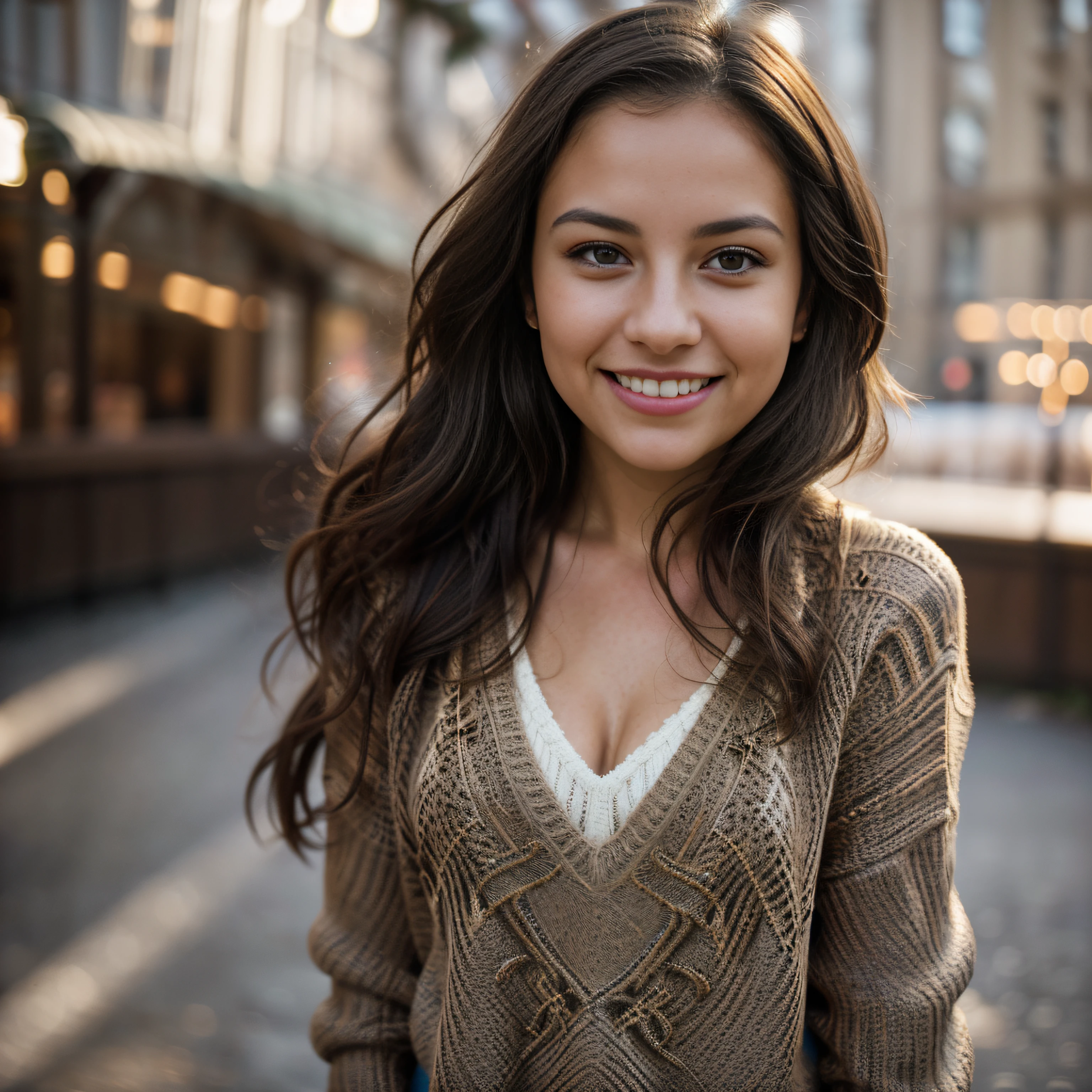 Portrait photo of a girl, (laughing:0.7), posing, look at a camera, dark brunette hair, brown eyes, complex christmas city background, backlit, epic realistic, hyperdetailed, insane details, intricate details, (natural light), bokeh, (dramatic light:1.2), cross process, (flirting with camera: 0.7), dynamic angle, (women sweater), V-neck