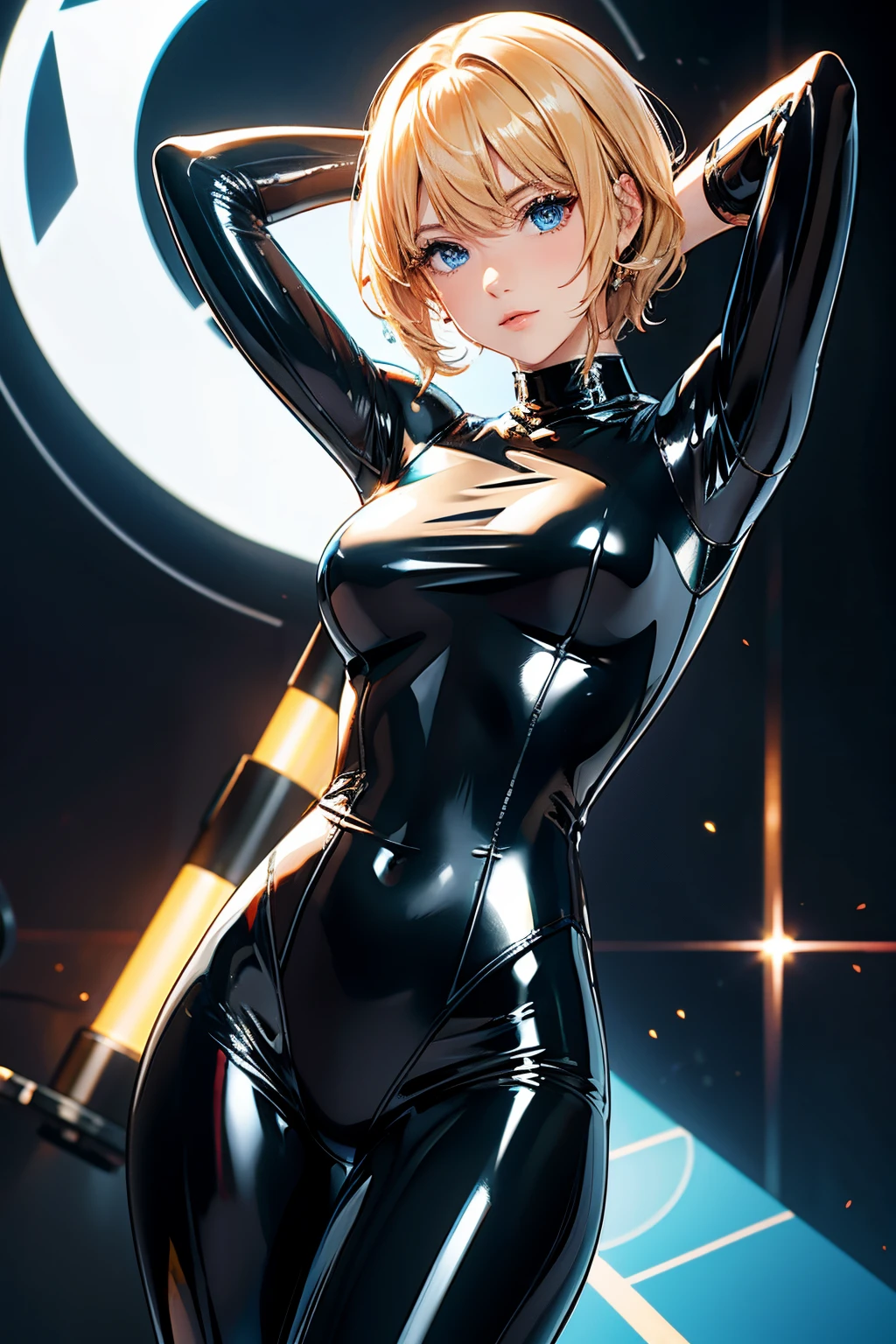and 8K、shiny latex suit、(((Transparent latex suit.)))、(((Transparent latex suit.)))、Short golden hair with arms behind head.、Beautiful woman with blue eyes、Latex suit that beautifully shows your body line.、only upper body