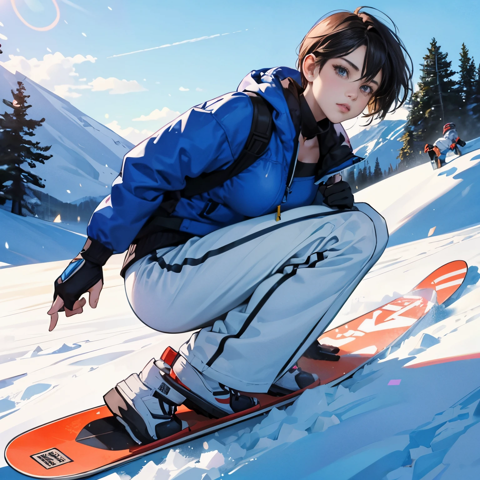 1 girl,A handsome boyish girl wearing sexy ski wear and looking at me,Lander cut his hair short,A dark-haired,A look of shame,tre anatomically correct,Precise fingers,A slender,well-shaped breasts,cleavage of the breast,highleg,accurate snowboard,On the slope,photorealisim,masterpiece,
