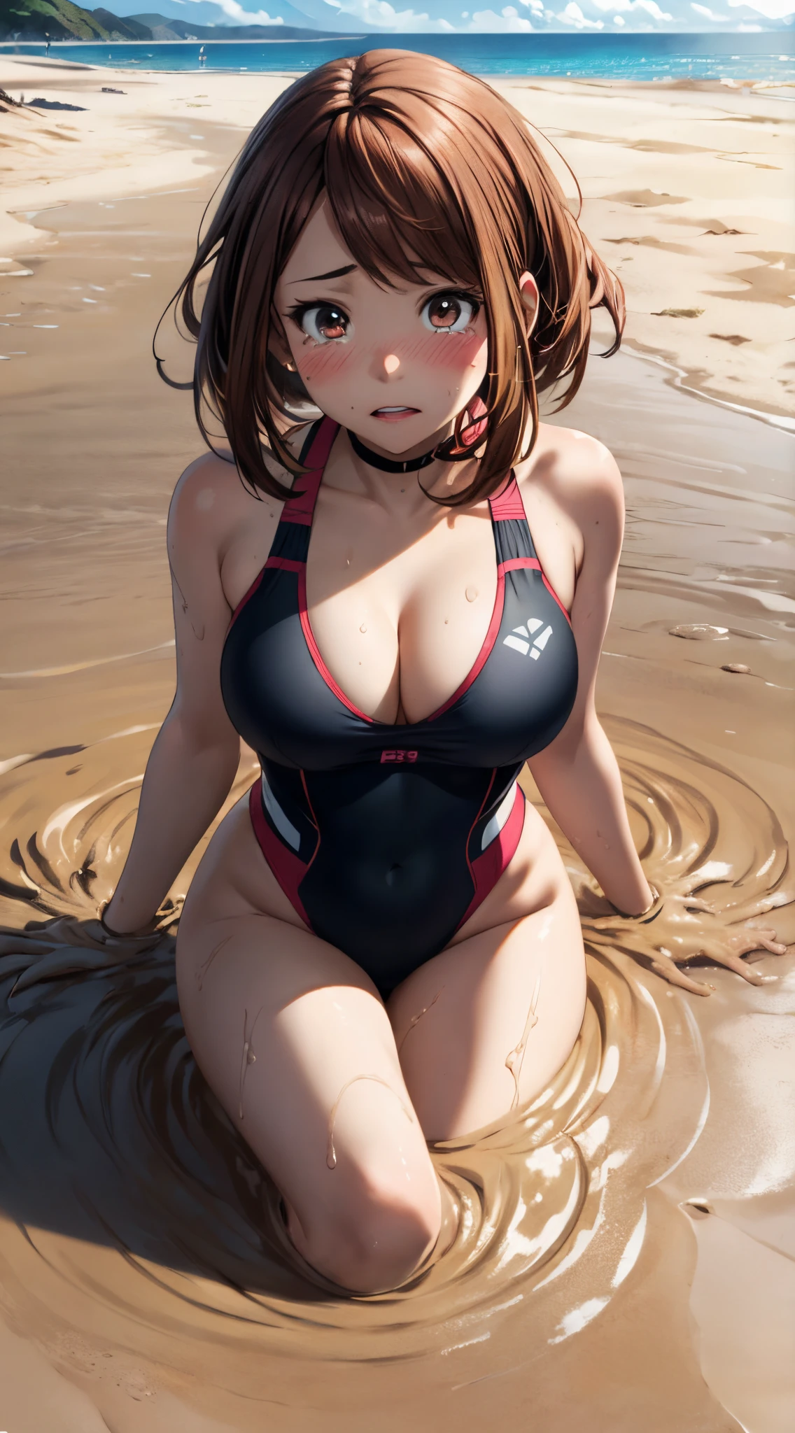 ochaco_uraraka, 1girl, solo, blush stickers, looking at viewer, glossy lips, lips parted, cloudy sky, beach, highly detailed, masterpiece, high res, illustration, swimsuit, cleavage, shocked, (tears), (quicksand:1.3), (mostly submerged)