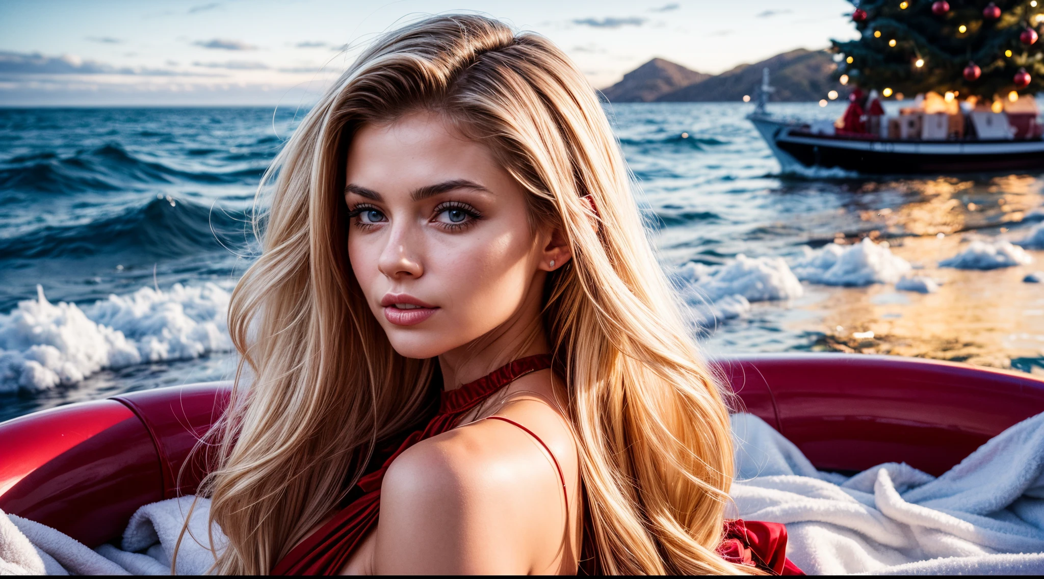 beautiful woman with medium breasts, angelic face and perfect body, in her 20s, in a real Snegurochka red dress, on a ship in the ocean, next to a beautifully decorated Christmas tree.