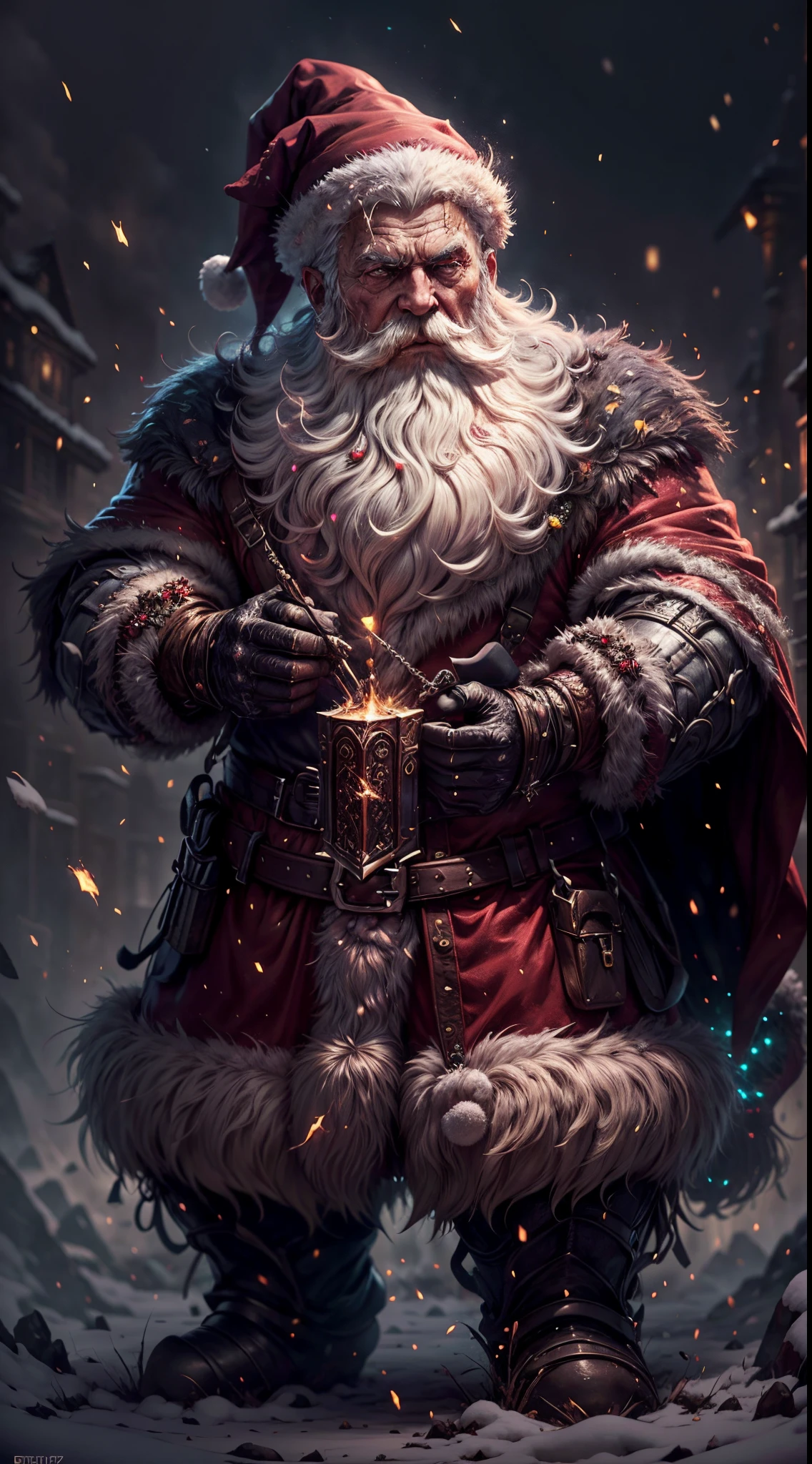 Santa Claus as the boss of the Christmas DLC in the game Dark Souls, featuring a highly detailed and realistic portrayal of Santa Claus. The image should showcase Santa Claus with beautiful detailed eyes, detailed lips, and an extremely detailed face. The scene should be set in a snowy and atmospheric environment, with the Christmas theme prominently displayed through the use of vibrant and vivid colors.
The artwork should be created using high-quality and professional medium, such as a realistic and photorealistic illustration or a digitally rendered masterpiece. The image should have a best quality, 4K or 8K resolution, and high-resolution details to emphasize the fine craftsmanship.
To enhance the overall visual impact, the prompt should include the addition of ultra-detailed elements, sharp focus, studio lighting, and physically-based rendering techniques. The artwork should encompass a sense of grandeur, with the presence of Santa Claus exuding power and authority.
In terms of art style, the image should combine elements of fantasy and gothic aesthetics, drawing inspiration from the game Dark Souls' dark and mysterious atmosphere. The colors should be rich and varied, with a preference for darker tones and a touch of mysteriousness. The lighting should be dramatic, casting shadows and creating a sense of depth and intensity.
Remember to avoid any unnecessary explanations and ensure that the prompt flows smoothly without the use of punctuation or unnecessary conjunctions.