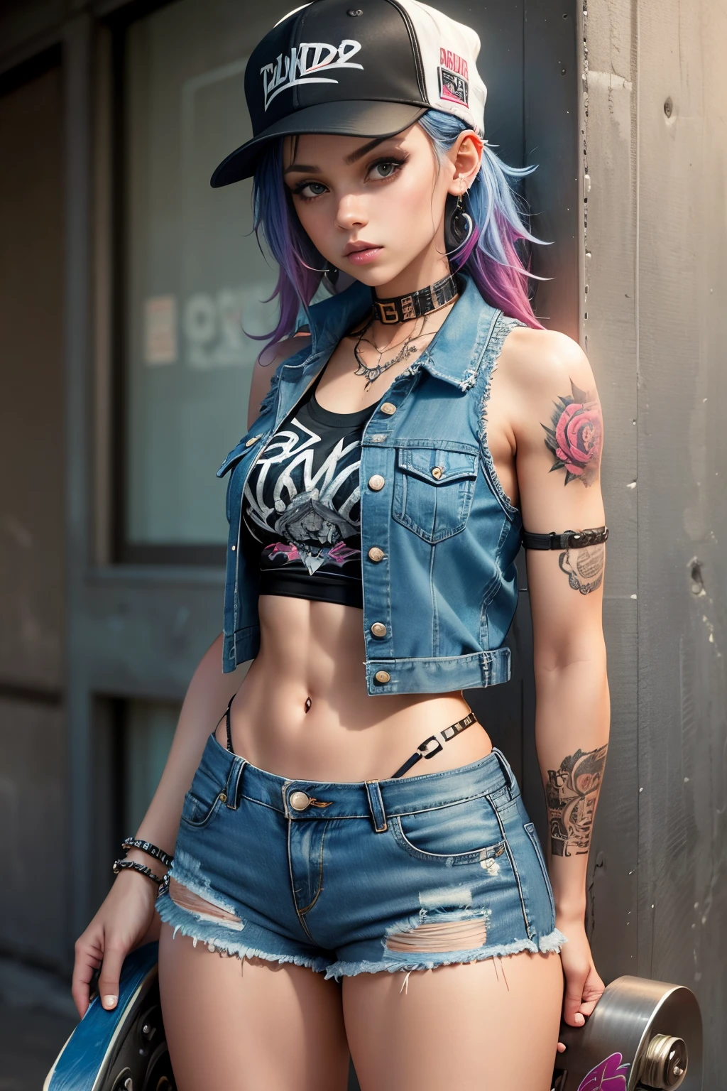 girl,,skater girl, punk, roller skates, denim shorts, short top, denim jean vest, hat, tattoos on arms,piercings