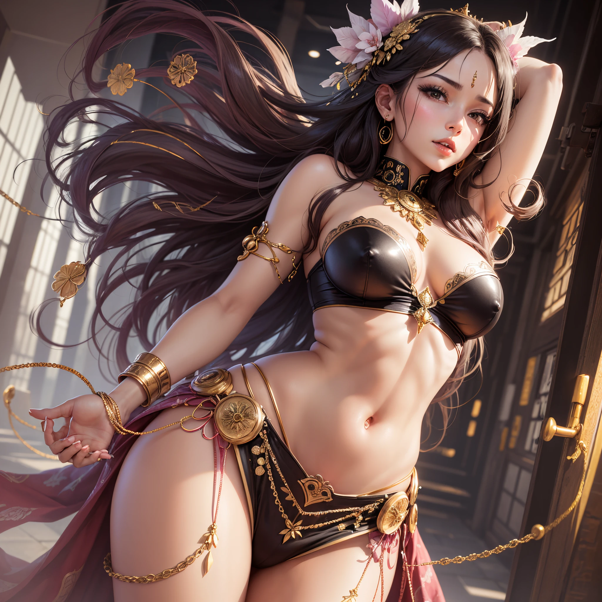 belly dancer, medium breast, perfect body, high quality everything, random background, anime girl, --auto --s2