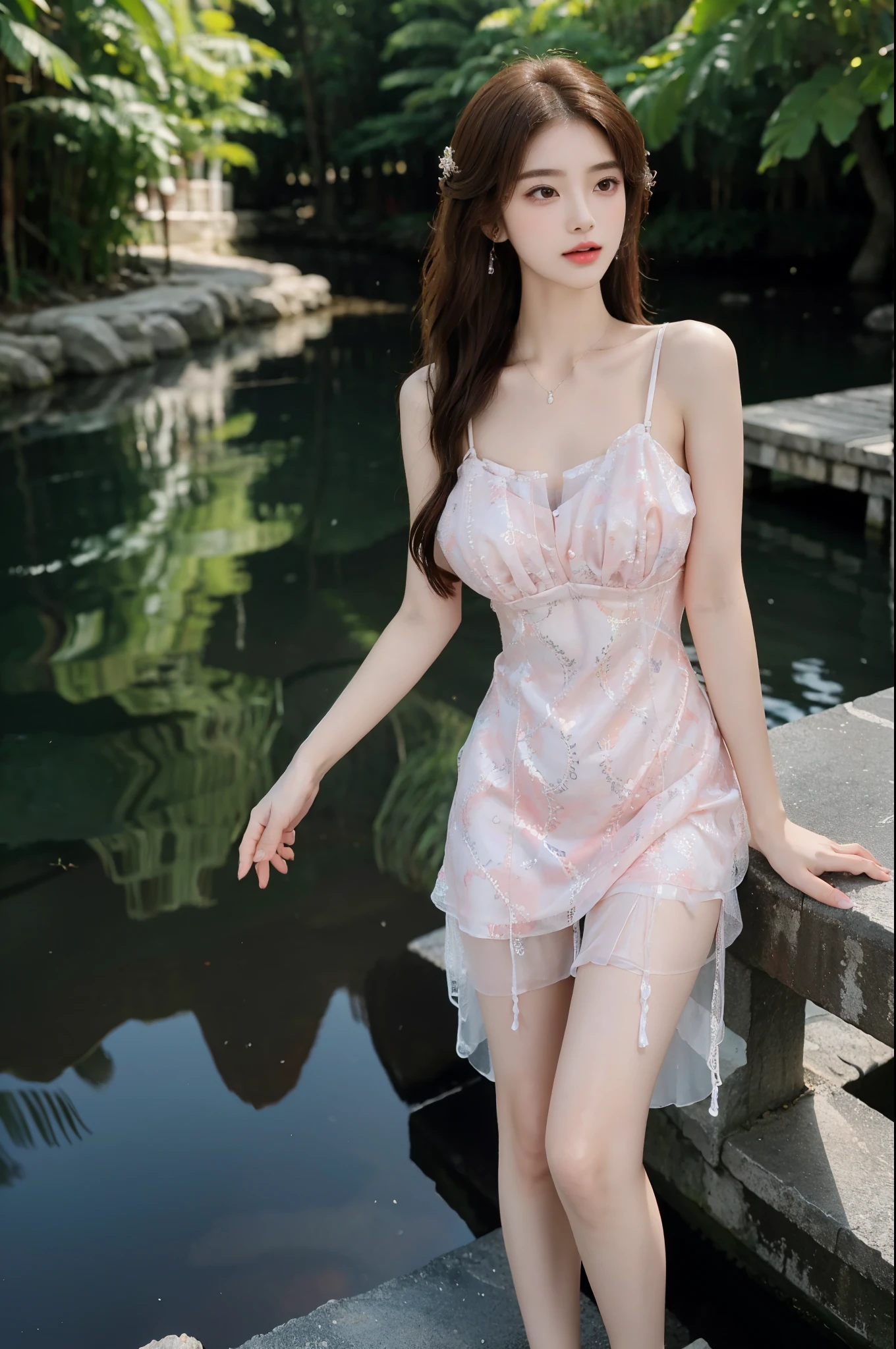 Sweet girl dress2,dress, stlouis,(Enrich the picture,Masterpiece quality)Beautiful 8K CG artwork,Goddess-like pose,sittinng on the river,Postural exercises,Thin and soft,Translucent skin,curlies, Brown hair long, The skin is fair and juicy,Perspective Part 1.2x enhanced contour effect,Intricate and exquisite details,The background is a bit blurry,Charming and sexy legs,Japan goddess,Perfect body slim curves,scene in river, Get wet all over your body