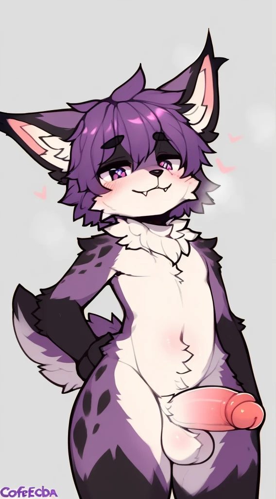Furry male, eyeliner, eyelashes, (((black eyeshadow))), ((male focus)), lynx, ((purple fur)), purple hair, furry, cute fangs, cute, medium hair, furry, anime style, fluff, fluffy, thuft, disheveled, realistic fur, detailed, detailed shadows, cheeks fluff, ((fullrender)), (((neck fluff))), <3 eyes, icon portrait, avatar icon, only face, smug face, solo focus, ((super fluffy)), (upper body), one fang, ((shirtless)), ((shoulder fluff)), ((shoulder tuft)), ((hairy body)), ((penis)), (((fluffy body))), (((furry body))), ((showig ass)), thicc thighs, hand on butt, detailed hands, (by coffeesoda:1.1), by zackary911, by hioshiru, yiffy, by claweddrip, looking up perspective, perspective from tiny, (he is looking down at the tiny), he is a giant, teasing face, snow background, (((kemono))), shota, pink hoodie, sweater,