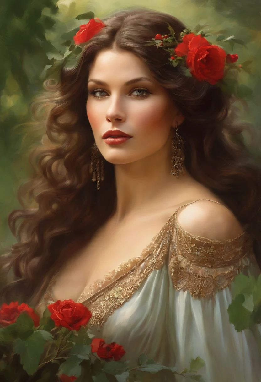 Painting of a beautiful and sexy woman, green eyes, ((with long medusa hair, falling over her shoulders)) and an embroidered dress, ((Spanish gypsy, from the Victorian Era)), ((Catherine Zeta-Jones style)) , wearing a low-cut red dress with a V-neck corset embroidered in black, in the background forest and flowers, Bowater art style, baroque digital painting, Renaissance digital painting, masterpiece! inspired by Franz Xaver Winterhalter, inspired by Friedrich von Amerling, beautiful character painting, beautiful digital painting, inspired by Thomas Lawrence, beautiful yywater painting, refraction, reflections, mirrors, prisms, sunlight, bright lights!! Complex, elegant, highly detailed digital painting, art station, concept art, sharp and soft focus, illustration, art by ( ( ( ( Artgerm ) ) ) ) and ( Greg Rutkowski )! and (((Alphonse Mucha))), eyes reflecting in eyes reflecting to infinity