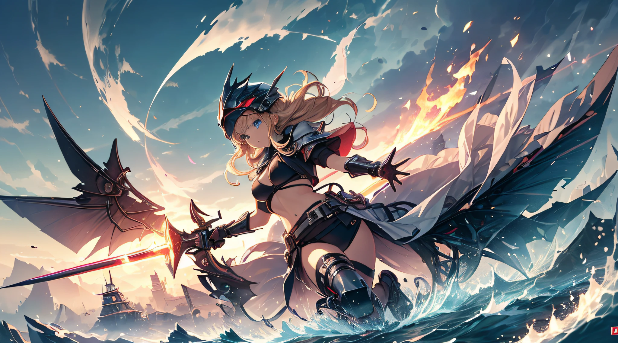 top-quality、Top image quality、masterpiece、 girl((Black jacket、black mechanic body、Shining red body line、Black Bikini Armor、18year old、 Ager、Best Bust、big bast,Beautiful light blue eyes, Long Blonde Hair、A slender,Large valleys、Reflecting the whole body、black mechanic helmet、Black visor、mechanical red sword、Black wings、rear cable、mid air、flying though the air,fighting poses)),hiquality、Beautiful Art、Background with((research complex、Mechanical Laboratory、bio research、Burning ground、Fire Dragon))masterpiece、depth of fields,Anime style