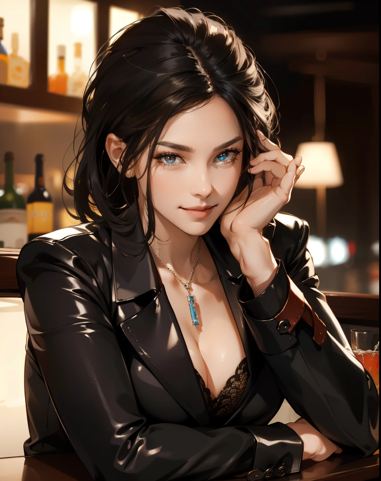 sitting at the bar in a nightclub、Short black hair、Portrait of Elexi Sinclair wearing an S jacket, Wicked Smile, (masterpiece) (Highest quality) (detailed) (8k) (High resolution) (wallpaper) (Cinema Lighting) (Sharp focus) (Complex)
