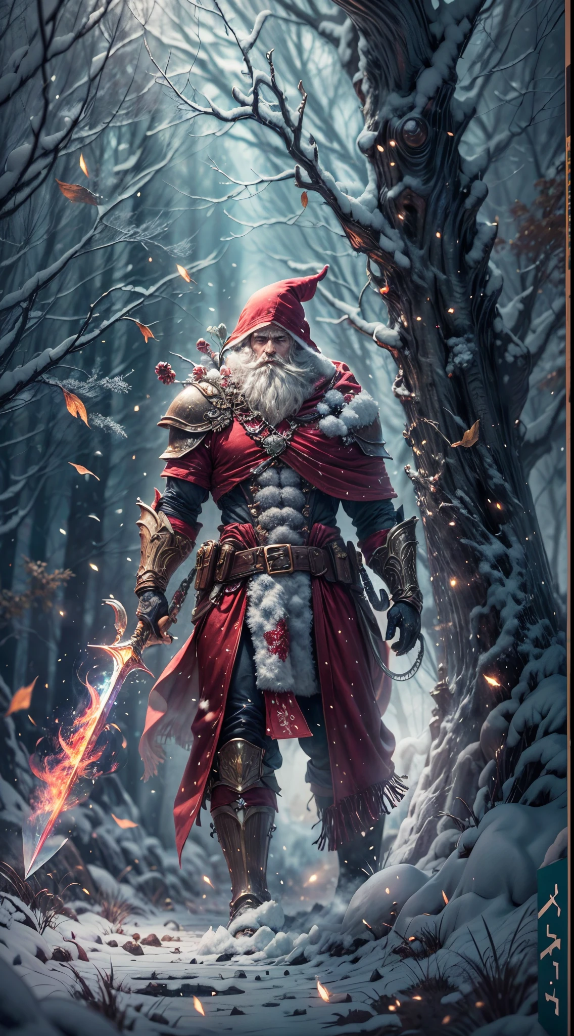 Santa Claus as the boss of the game "Dark Souls" in the Christmas DLC,best quality,4k,8k,highres,masterpiece:1.2,ultra-detailed,realistic:1.37,[HDR],[UHD],[studio lighting],extremely detailed face,beautiful detailed eyes,beautiful detailed lips,long eyelashes,[physically-based rendering],powerful physique,wearing a red and white armor suit with intricate designs,[imposing presence],holding a mighty candy cane [greatsword],surrounded by a snowy landscape,with large icicles hanging from the environment,casting a golden aura,[epic battle scene],intense fire and smoke effects,[vivid colors],[bokeh],blue and white color scheme with hints of gold, dramatic lighting with warm highlights and cool shadows.