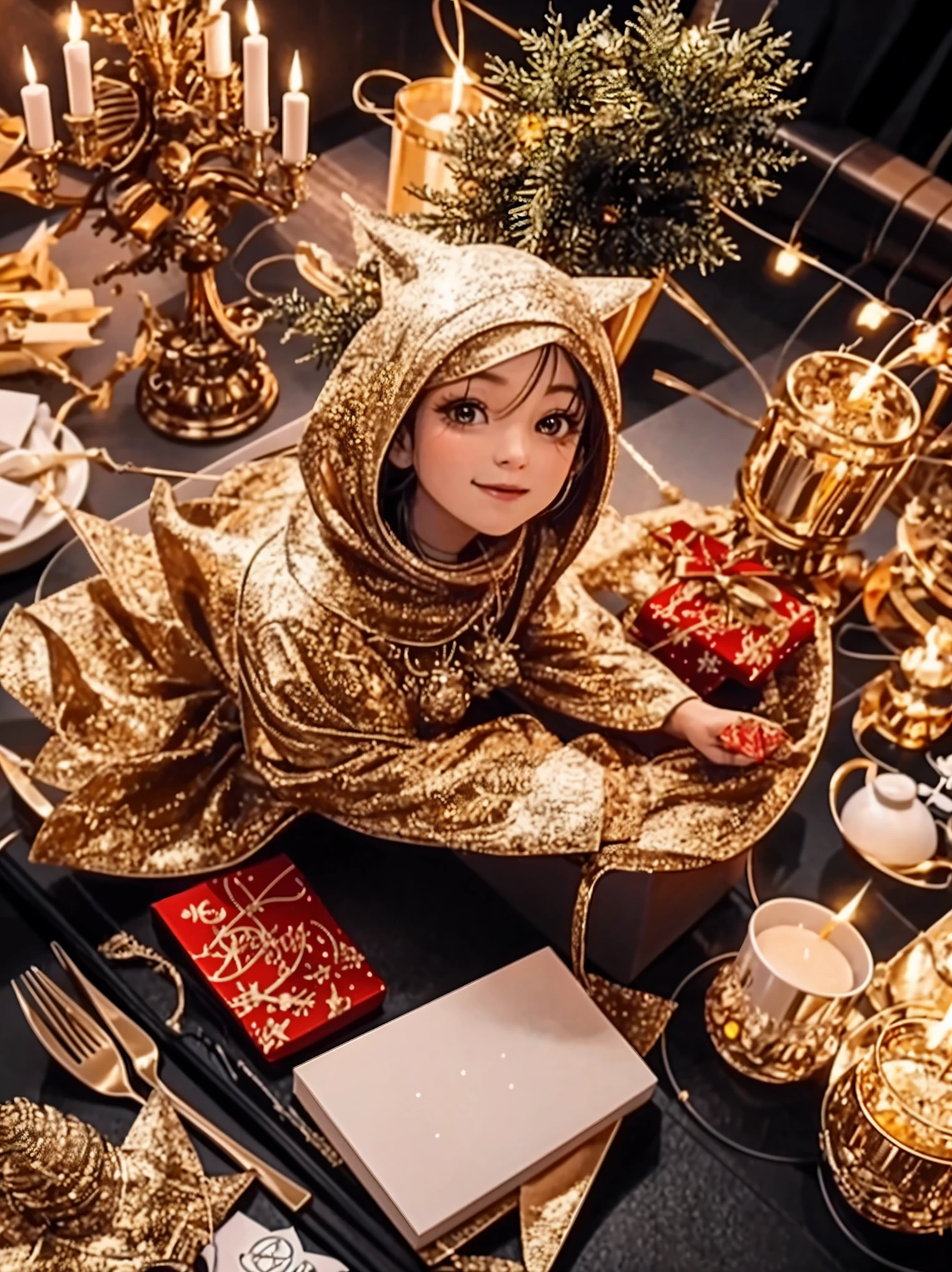 (best quality,4k,8k,highres,masterpiece:1.2),ultra-detailed,realistic,gifts,table,Christmas tree,decorations,wrapping ,bows,ribbon,presents,holiday spirit,vibrant colors,warm lighting,cozy atmosphere,toys,cards,candles,snowflakes,joyful,celebration,exquisite details,exciting surprises,shiny ornaments,sparkling tinsel,beautifully wrapped,excited children,anticipation,festive mood,magical ambiance,delightful moment,wonderful memories,family gathering,cheerful faces,Christmas magic,extravagant,abundance of presents,HDR,UHD,studio lighting,ultra-fine painting,sharp focus,physically-based rendering,professional,vivid colors,bokeh.