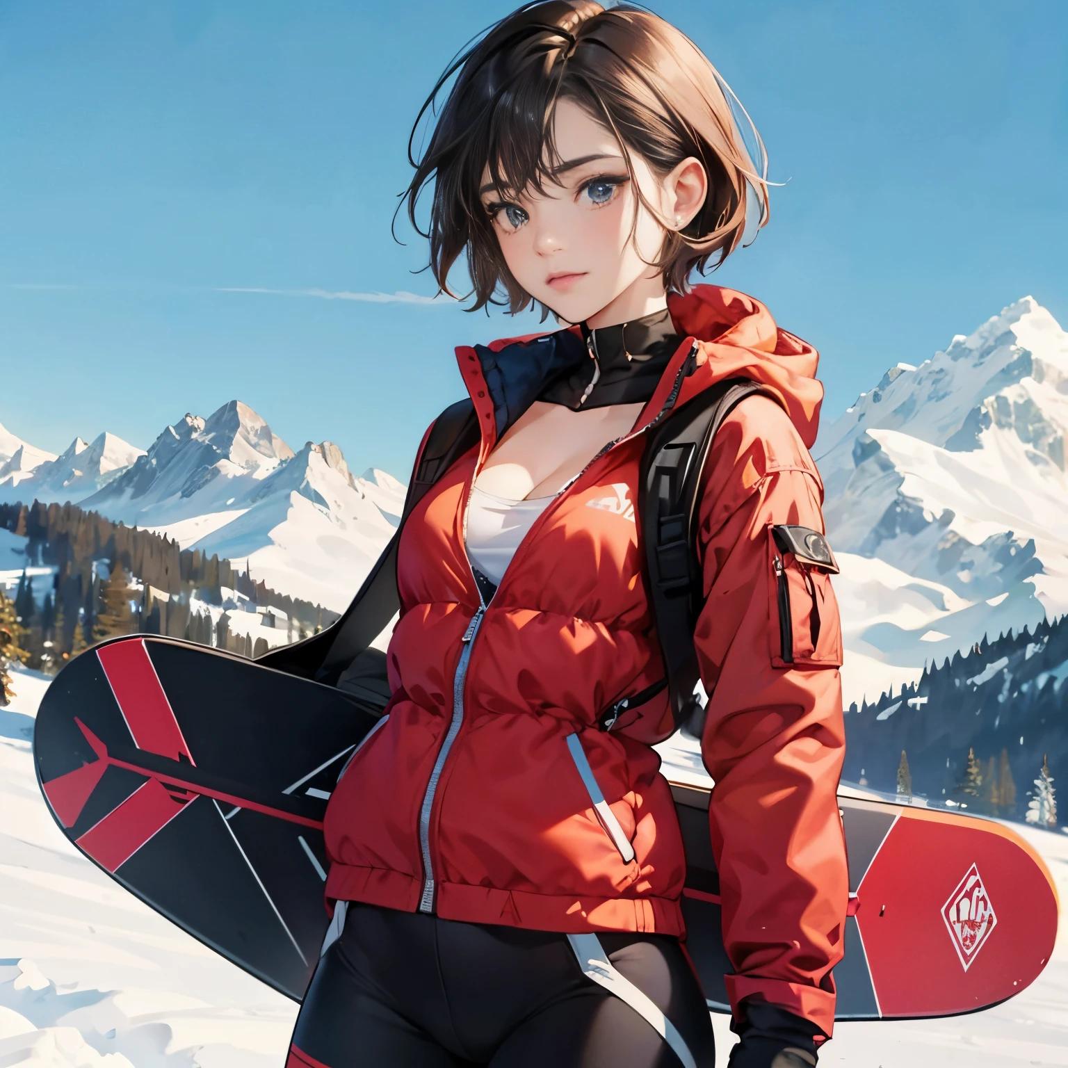 1 girl,A handsome boyish girl wearing sexy ski wear and looking at me,Lander cut his hair short,A dark-haired,A look of shame,tre anatomically correct,Precise fingers,A slender,well-shaped breasts,cleavage of the breast,highleg,accurate snowboard,On the slope,photorealisim,​masterpiece,