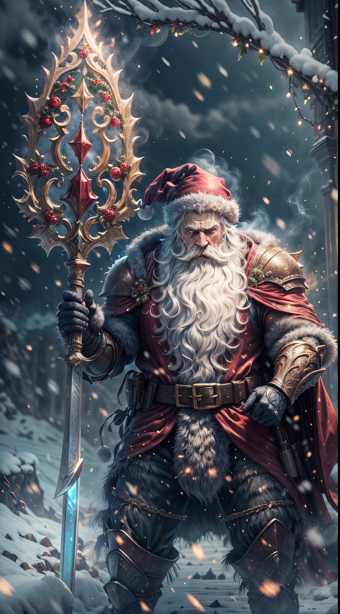 Santa Claus as the boss of the game "Dark Souls" in the Christmas DLC,best quality,4k,8k,highres,masterpiece:1.2,ultra-detailed,realistic:1.37,[HDR],[UHD],[studio lighting],extremely detailed face,beautiful detailed eyes,beautiful detailed lips,long eyelashes,[physically-based rendering],powerful physique,wearing a red and white armor suit with intricate designs,[imposing presence],holding a mighty candy cane [greatsword],surrounded by a snowy landscape,with large icicles hanging from the environment,casting a golden aura,[epic battle scene],intense fire and smoke effects,[vivid colors],[bokeh],blue and white color scheme with hints of gold, dramatic lighting with warm highlights and cool shadows.