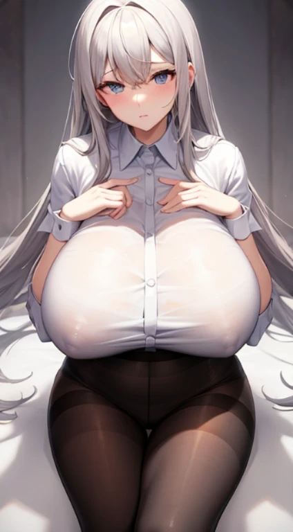 Pantyhose, gigantic breast huge breast,white shirt, over size shirt
