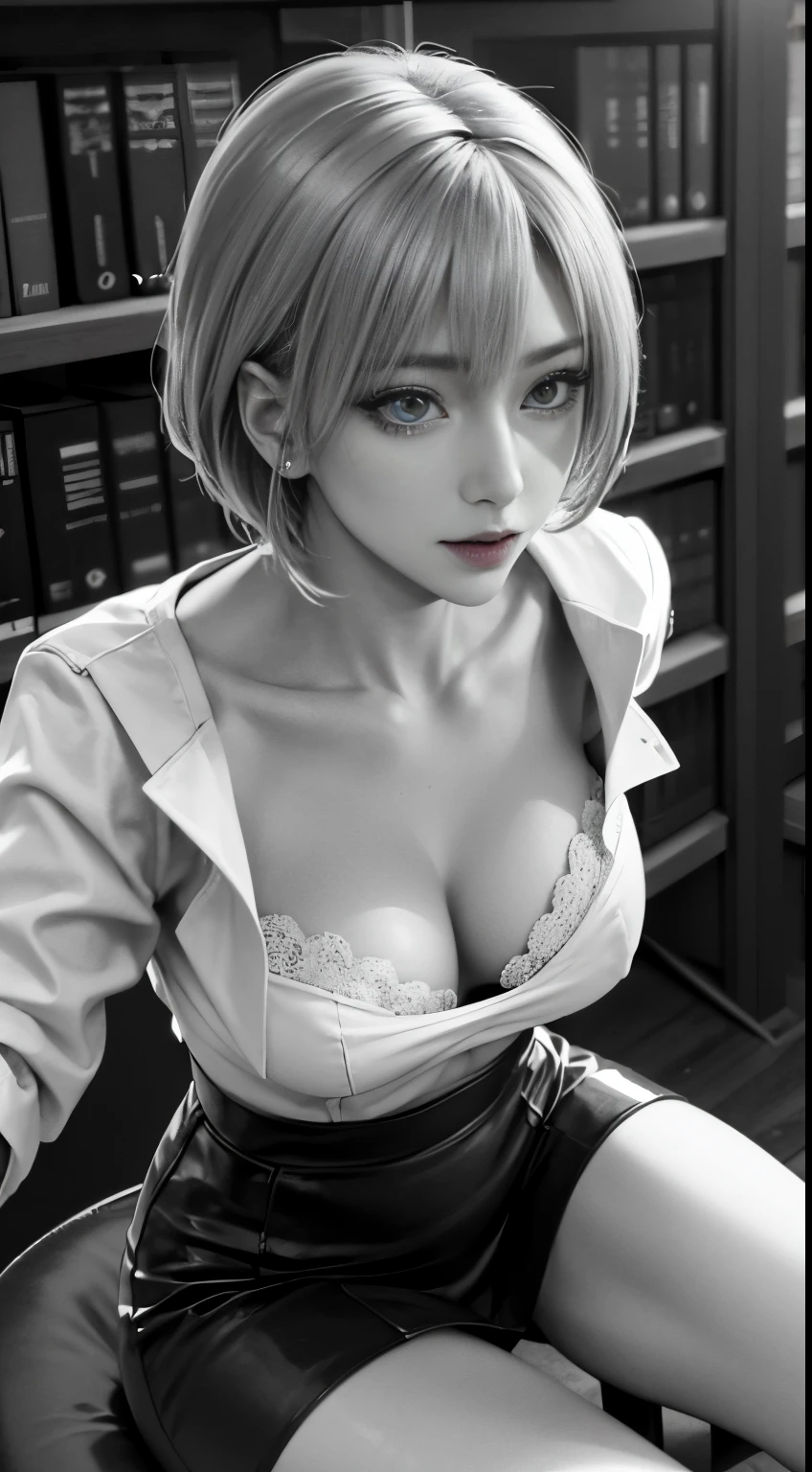 、(Cinematic Digital Artwork: 1.3), High quality, masutepiece, of the highest quality, Super Detail, Illustration, [4K Digital Art]、 lndswgnr, (Sharp Focus: 1.5), (Moody lighting:1.2), depth of fields, Bokeh, 4K 、High resolution, ultra-detailliert, the Extremely Detailed CG Unity 8K Wallpapers, Realistic, Photorealsitic, Raw photo, beautifull detailed face, pale skin, realistic glistening skin, Detailed Cloth Texture, detailed hair texture, Perfect body, Beautiful face, acurate, Anatomically correct, Highly detailed face, Eye and skin texture, Natural neck length, (beautiful eyes beautiful hands), (Glossy skin:1.2), thin legs, Thin feet, Detailed people、A detailed face、细致背景、 

POV, Wall Don、
Dramatic makeup、makeup、pi　lip stick、eye make up、mascara、eye liner、eye shadow、Rainbow color contact special skirt、tight shirt and pencil、pin heels、woman with a bewitching smile)), blured background、Short hair, Detailed face, High quality, High resolution、atlibrary、librarian woman、beautiful countenance、((Stand to allow additional observation、national library、Large bookshelf、Between the narrow bookshelves、stand between bookshelves、girl facing the wall、POV, Girl pressed against the wall))、In the dimly lit chamber、A small light shines in、(((transparent grayscale tone paint style)))