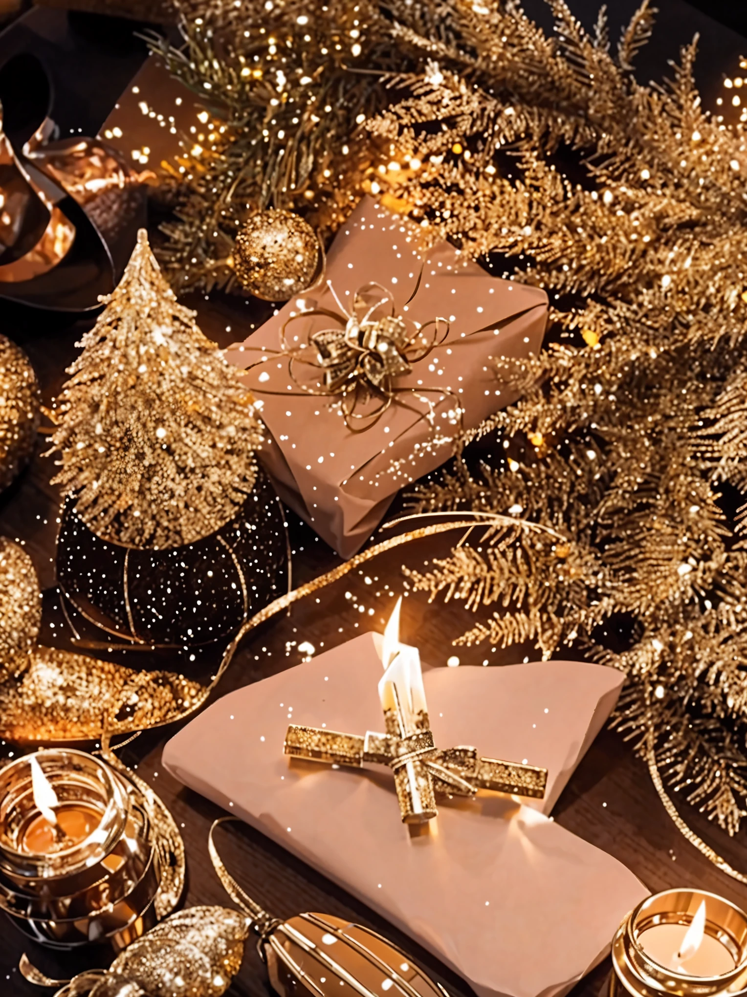 (best quality,4k,8k,highres,masterpiece:1.2),ultra-detailed,realistic,gifts,table,Christmas tree,decorations,wrapping ,bows,ribbon,presents,holiday spirit,vibrant colors,warm lighting,cozy atmosphere,toys,cards,candles,snowflakes,joyful,celebration,exquisite details,exciting surprises,shiny ornaments,sparkling tinsel,beautifully wrapped,excited children,anticipation,festive mood,magical ambiance,delightful moment,wonderful memories,family gathering,cheerful faces,Christmas magic,extravagant,abundance of presents,HDR,UHD,studio lighting,ultra-fine painting,sharp focus,physically-based rendering,professional,vivid colors,bokeh.