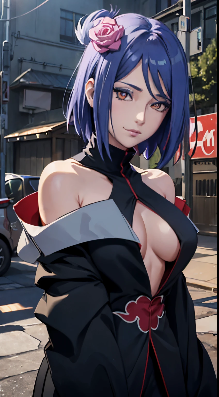 (8K,RAW photoest qualtiy),(tmasterpiece),(realisticlying,)(Photorealistic and realistic),(A high resolution),Hyper-detailing,(hentail realism:1.1),beauitful face,
(1female:1.1),Female pervert,(looki at viewer),cowboy lens,jpn,
Xiaonan\(Naruto\),(AKATSUKI OUTFIT:1.1),La Brett piercing,(cleavage:1.5),(Off-the-shoulder attire:1.5),ssmile,Be red in the face,Upper body photo
Dark blue hair,(Flying White :1.5)
profesional lighting、photon maping、physically-based renderingt、
Dark theme,