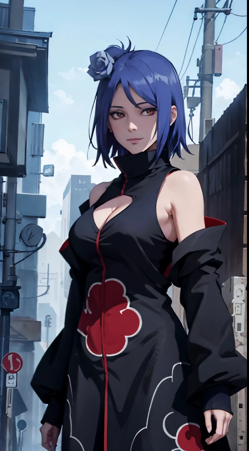 （8K，RAW photoest qualtiy），（tmasterpiece），（realisticlying，）（Photorealistic and realistic），（A high resolution），Hyper-detailing，（hentail realism：1.1），beauitful face，
（1female：1.1），Female pervert，（looki at viewer），cowboy lens，jpn，
Xiaonan\（Naruto\），（AKATSUKI OUTFIT：1.1），La Brett piercing，（cleavage:1.5），（Off-the-shoulder attire:1.5)，ssmile，Be red in the face，Upper body photo
Dark blue hair，（Flying White :1.5）
profesional lighting、photon maping、physically-based renderingt、
Dark theme，