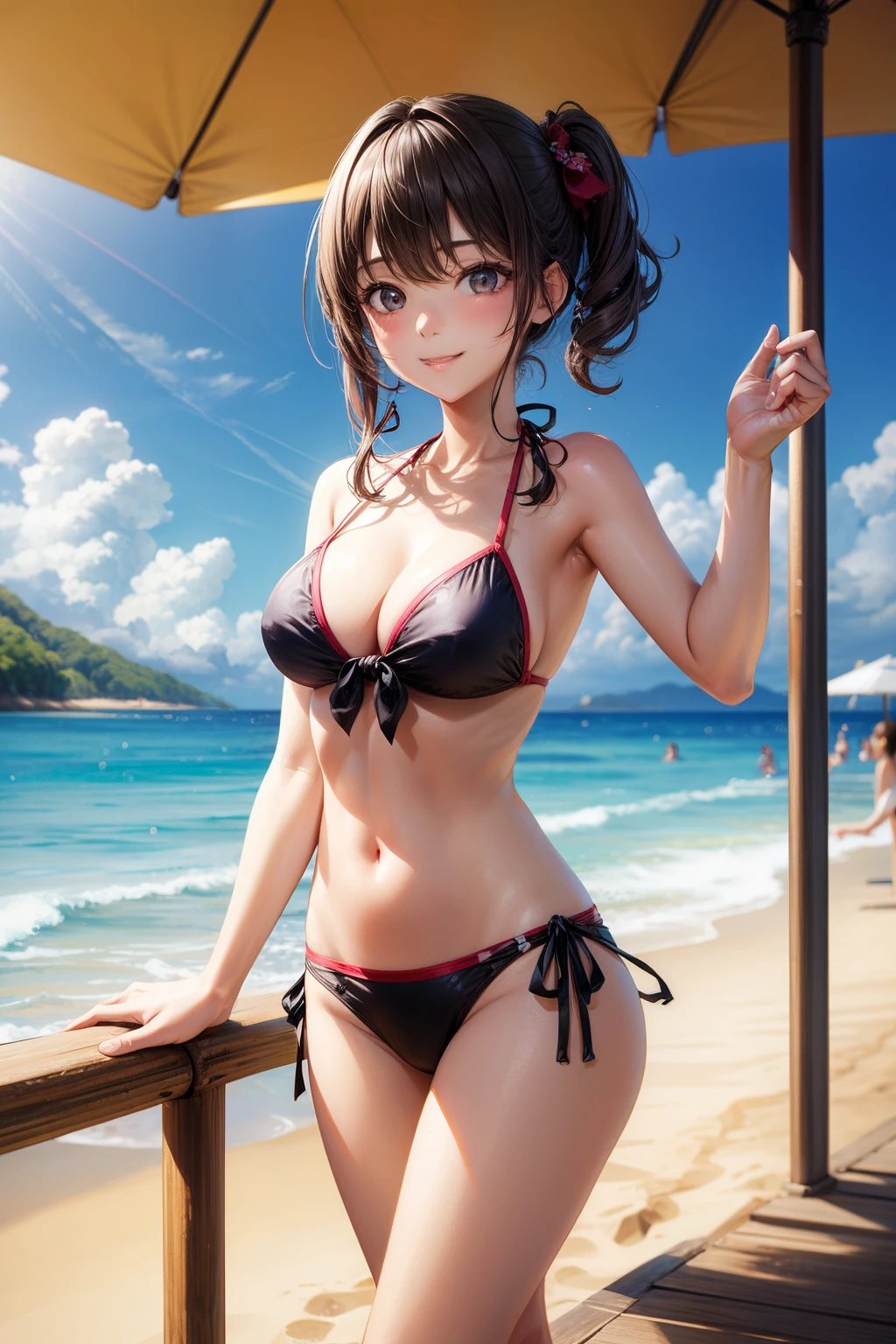 top-quality、lighting like a movie、 1girl in、The bikini、Resort Beach、ssmile、