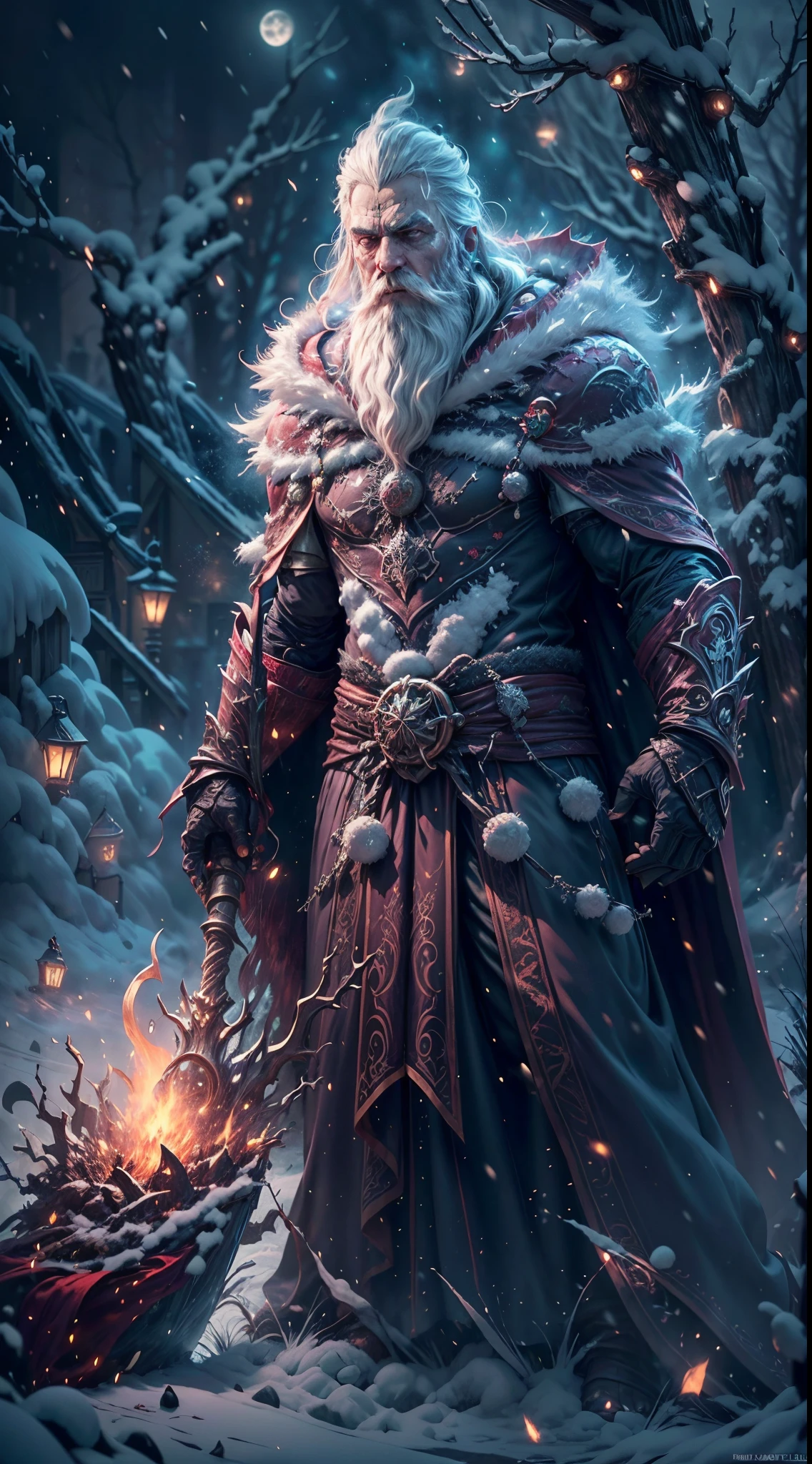 (best quality,4k,8k,highres,masterpiece:1.2),ultra-detailed,(realistic,photorealistic,photo-realistic:1.37),dark souls boss,new video game content,nintendo switch,Xbox One,PlayStation 4,PC gaming,top-view perspective,impressive boss fight,multi-staged battle,magical powers,entrancing atmosphere,dark and gloomy setting,majestic Santa Claus,hooded cloak with intricate patterns,mysterious glowing red eyes,fierce expression,imposing white beard,long flowing white hair,aged yet powerful appearance,magic staff with intricate engravings,exudes powerful aura,cloaked in shadows,magical fireballs and lightning bolts,floating ethereal platform,snow-covered landscape,mysterious enchanted forest,spooky and twisted trees,ominous glowing moon,blizzard and snowstorm effects,icy glows and frost spells,haunting background music,rich sound effects,immersive gaming experience,vibrant contrasting colors,dimly lit environment,fireplace with crackling flames,candles casting flickering shadows,celebration of Christmas,ornate decorations and ornaments,magical snowflakes filling the air,winter wonderland,electrifying action-packed gameplay,player using various weapons and strategies,getting rewarded with special Christmas-themed items and upgrades,hidden treasures and secret paths,unleashing powerful attacks and magic spells,overcoming challenging obstacles,defeating Santa Claus wizard boss to save Christmas,memorable and epic gaming experience.