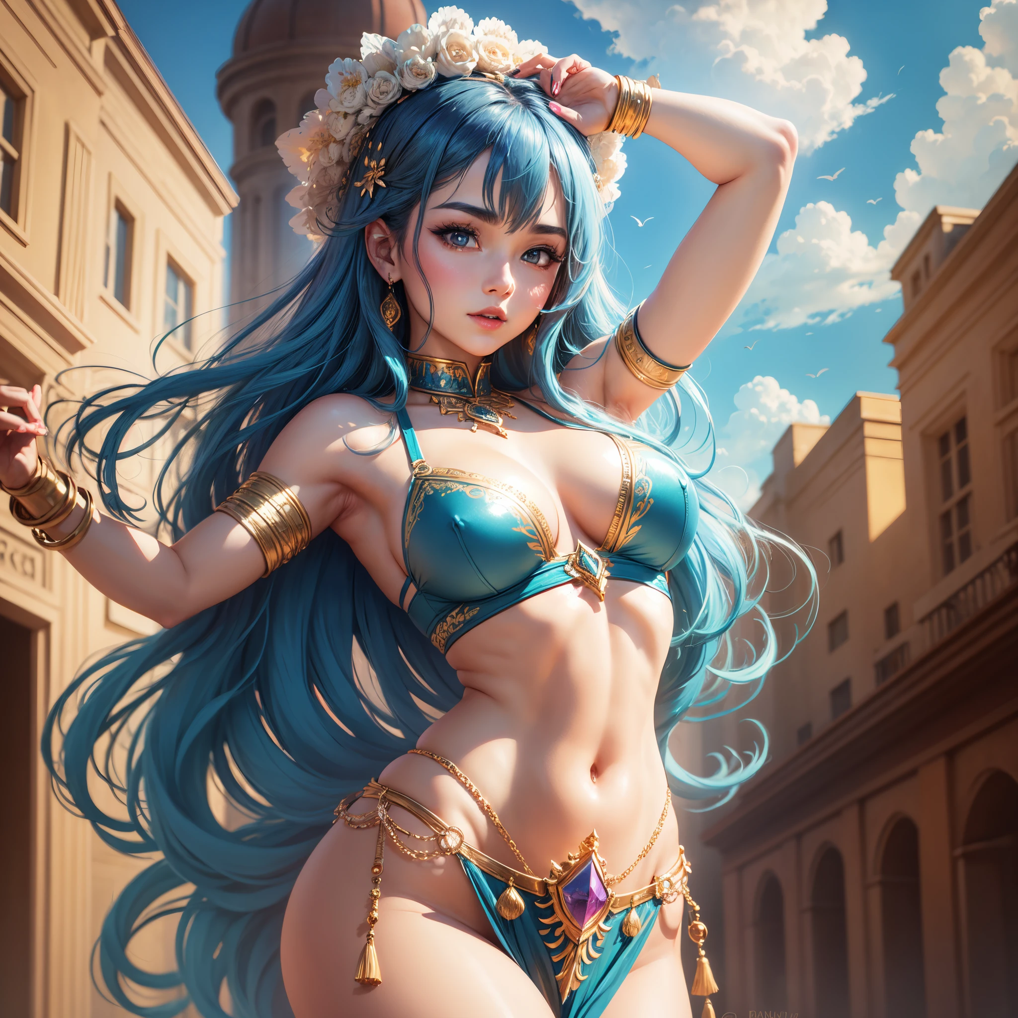 belly dancer, medium breast, perfect body, high quality everything, random background, anime girl, --auto --s2