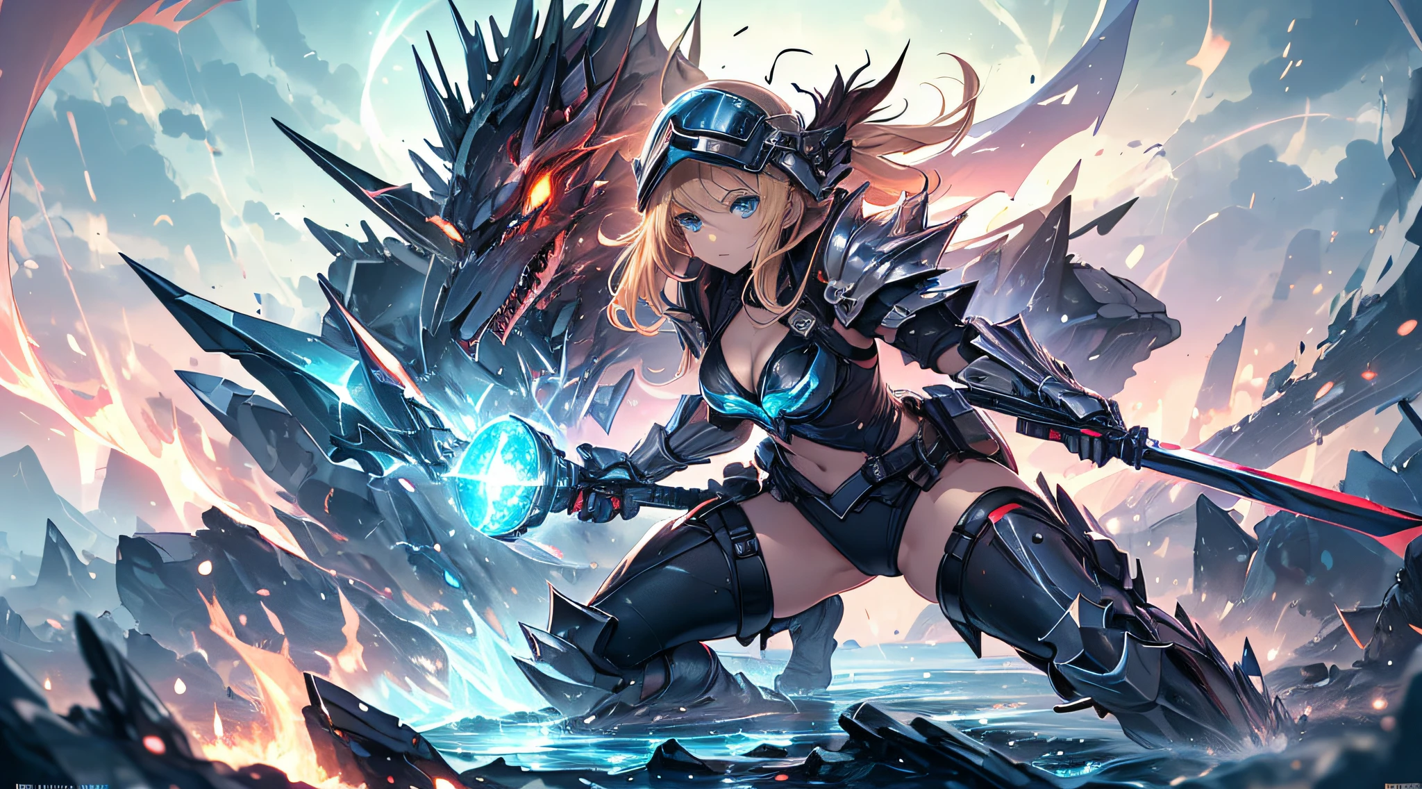 top-quality、Top image quality、​masterpiece、Teenage girl((Black jacket、black mechanic body、Shining red body line、Black Bikini Armor、18year old、 Ager、Best Bust、big bast,Beautiful light blue eyes, Long Blonde Hair、A slender,Large valleys、Reflecting the whole body、black mechanic helmet、Black visor、mechanical red sword、Black wings、rear cable、mid air、flying though the air,fighting poses)),hiquality、Beautiful Art、Background with((Dark world、army of darkness、Burning ground、Fire Dragon))​masterpiece、depth of fields,Japan Anime Style