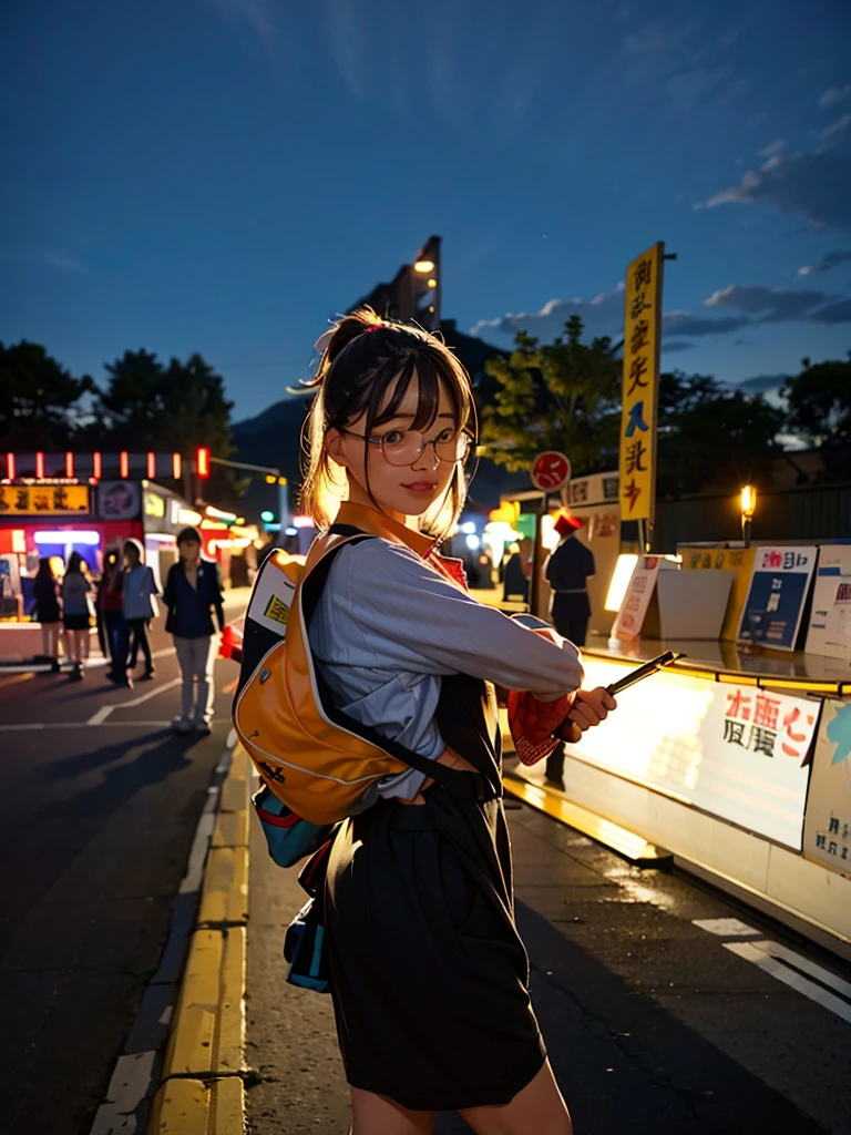 There was a woman standing on the roadside holding, (((Low light))), during night, summer festival night, with a sunset, Night photos, pupils, posed for photo, Glowing lights at night, during night, Photos taken at night, Torches light up in the background, The light gives off a warm glow, natta，ssmile，long whitr hair，backpackiye，wears glasses