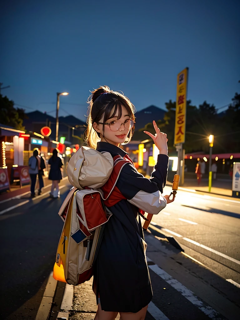 There was a woman standing on the roadside holding, (((Low light))), during night, summer festival night, with a sunset, Night photos, pupils, posed for photo, Glowing lights at night, during night, Photos taken at night, Torches light up in the background, The light gives off a warm glow, natta,ssmile,long whitr hair,backpackiye,wears glasses