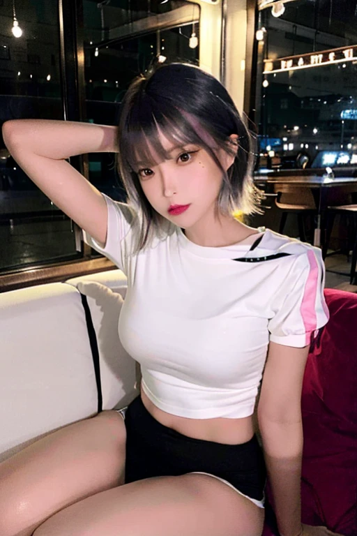 hiquality、highcontrast8k、A cute woman with a classy atmosphere、Short bob with black hair、It seems quiet、Idle face、Eyes that attract men's hearts、Slender body、white t-shirt and red miniskirt、sit on the sofa、I'm masturbating with my legs open、Attracting men with a sexy look