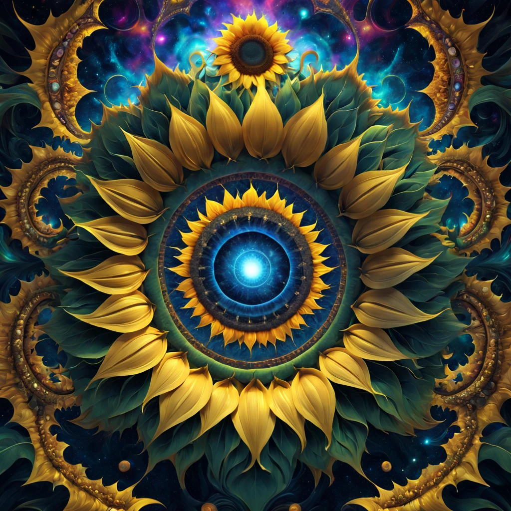 Strange geometric shapes of sunflowers,Abstract,fractal shape,vivd colour,ethereal lighting,The is very detailed,Psychedelic,3D rendering,otherworldly landscapes,unconventional perspective,unpredictable patterns,truly a masterpiece,Ultra-detailed digital art,trippy visuals,transcendental experience,cosmic energy,Astral realm,Mathematical beauty,Infinitely complex structures,mind-bending fantasy,harmonious chaos,Fantastic atmosphere,surreal dreamscape,hypnotic symmetry,Mysterious portal,Explore across dimensions,Celestial Geometry,Infinite dimensions,digital augmented reality,spectacular ,mind-changing reality,Perceptual shift,The possibilities are endless,interconnected universe,strange beauty,evocative abstraction,Sizes blend seamlessly