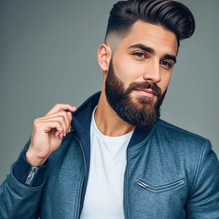 A handsome smart man wearing a cool jacket, full confidence, have postive energy, best hairstyle, medium size beard, pose for photoshoot to think about something, camera close up look, looking into the camera, look like a motivational speaker influencer, modern look, simple room background,